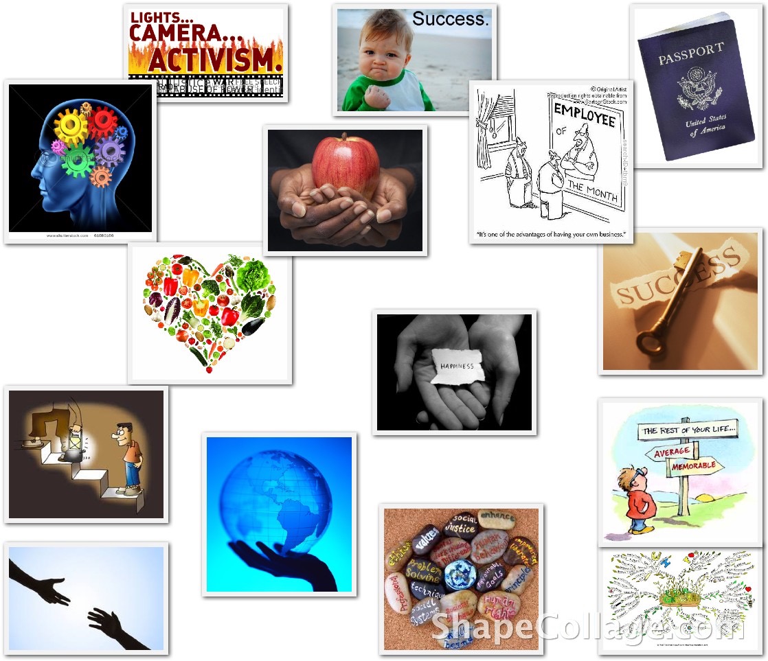 Collection of images including a brain with gears, child with success sign, passport, apple, heart with colorful flowers, hand holding an apple, employee and employer, key, person with a laptop, globe, chocolates, and a cartoon character with a sign.