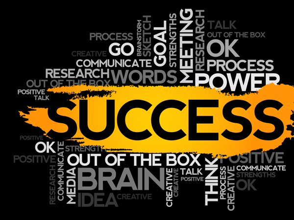 Black background with white and gray words, and a yellow brushstroke with bold black text reading 'SUCCESS'.