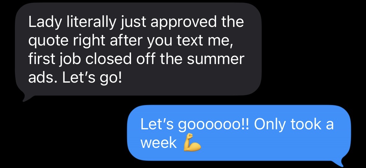 Two chat bubbles with text about approval and a week-long project, one in dark gray and one in blue.