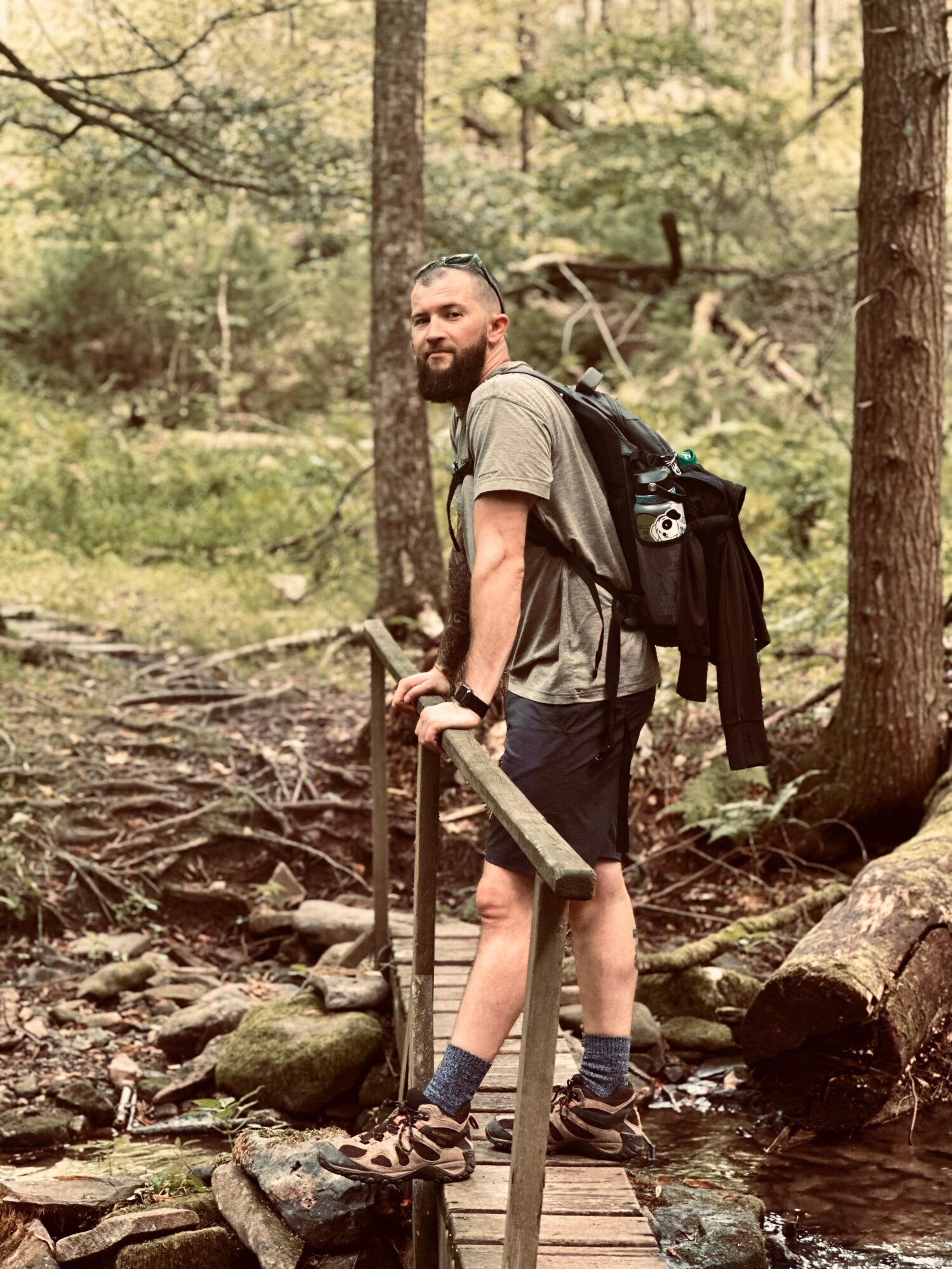 Man with a backpack standing on a log in a forest, holding a walking stick, surrounded by trees and rocks.