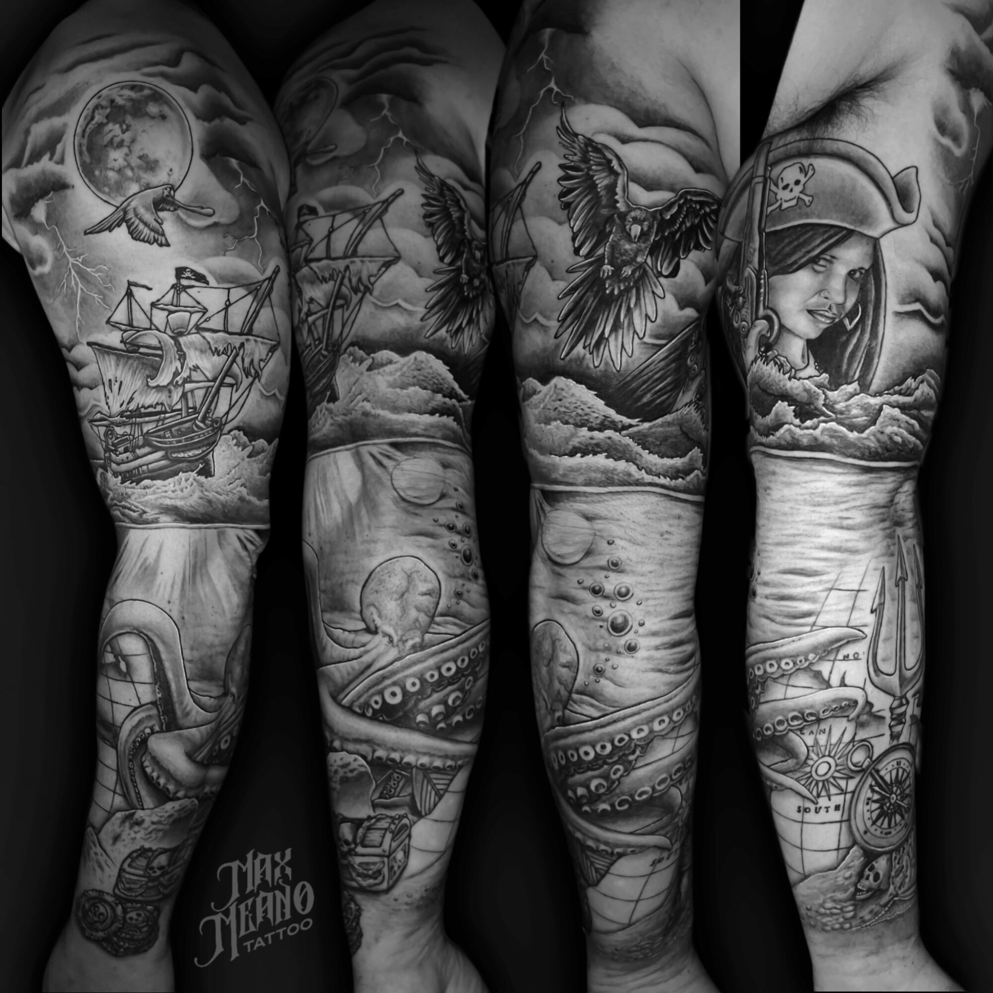 Black and gray tattoo sleeve with ships, clouds, a butterfly, a girl, and ocean waves, covering the arm extensively.