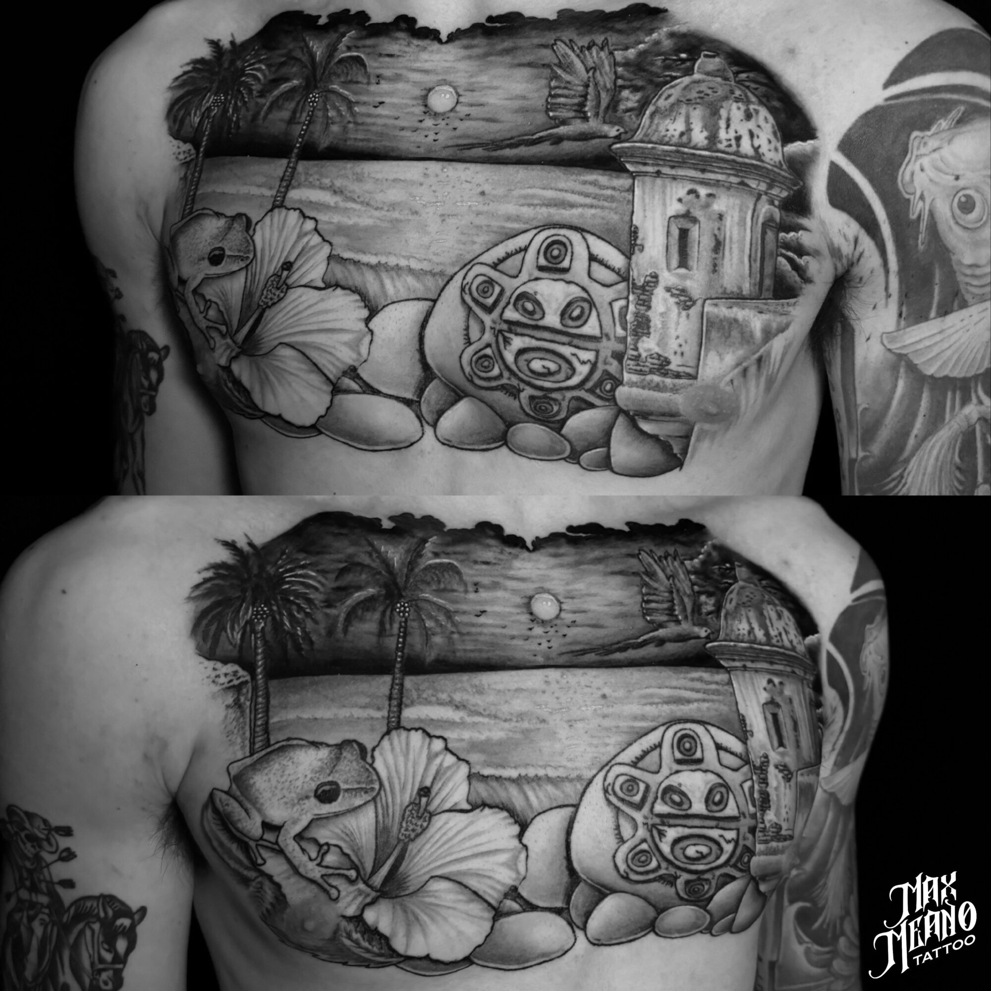 Black and white tattoo of a tropical scene with a hut, palm trees, a turtle, and a flower on a person's chest.