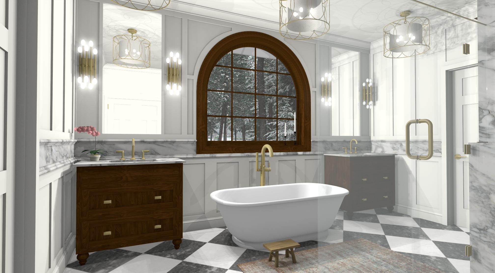 Bathroom with a freestanding bathtub, wooden cabinet, large arched window, and black-and-white checkered floor.