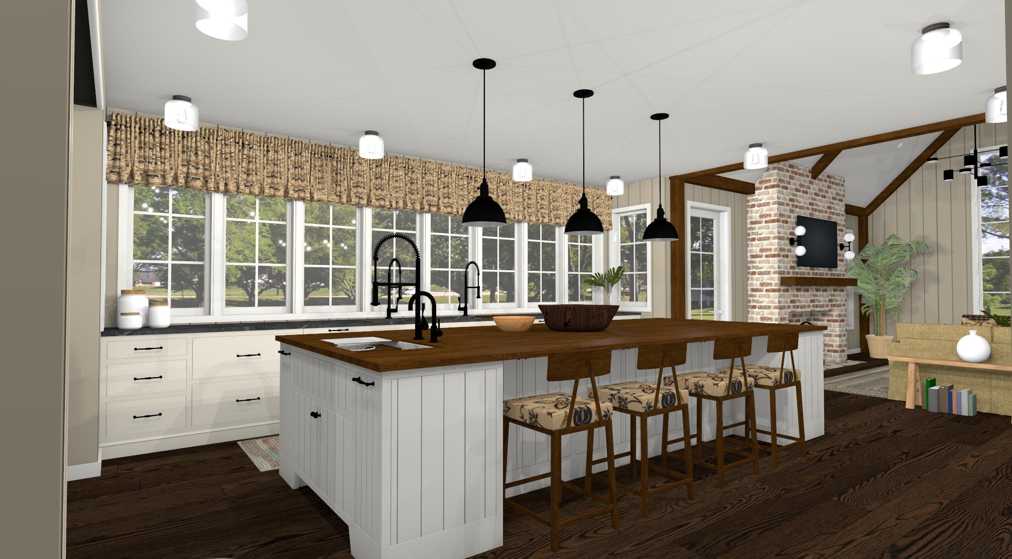 Modern kitchen with island, bar stools, large windows, and a fireplace in the background.