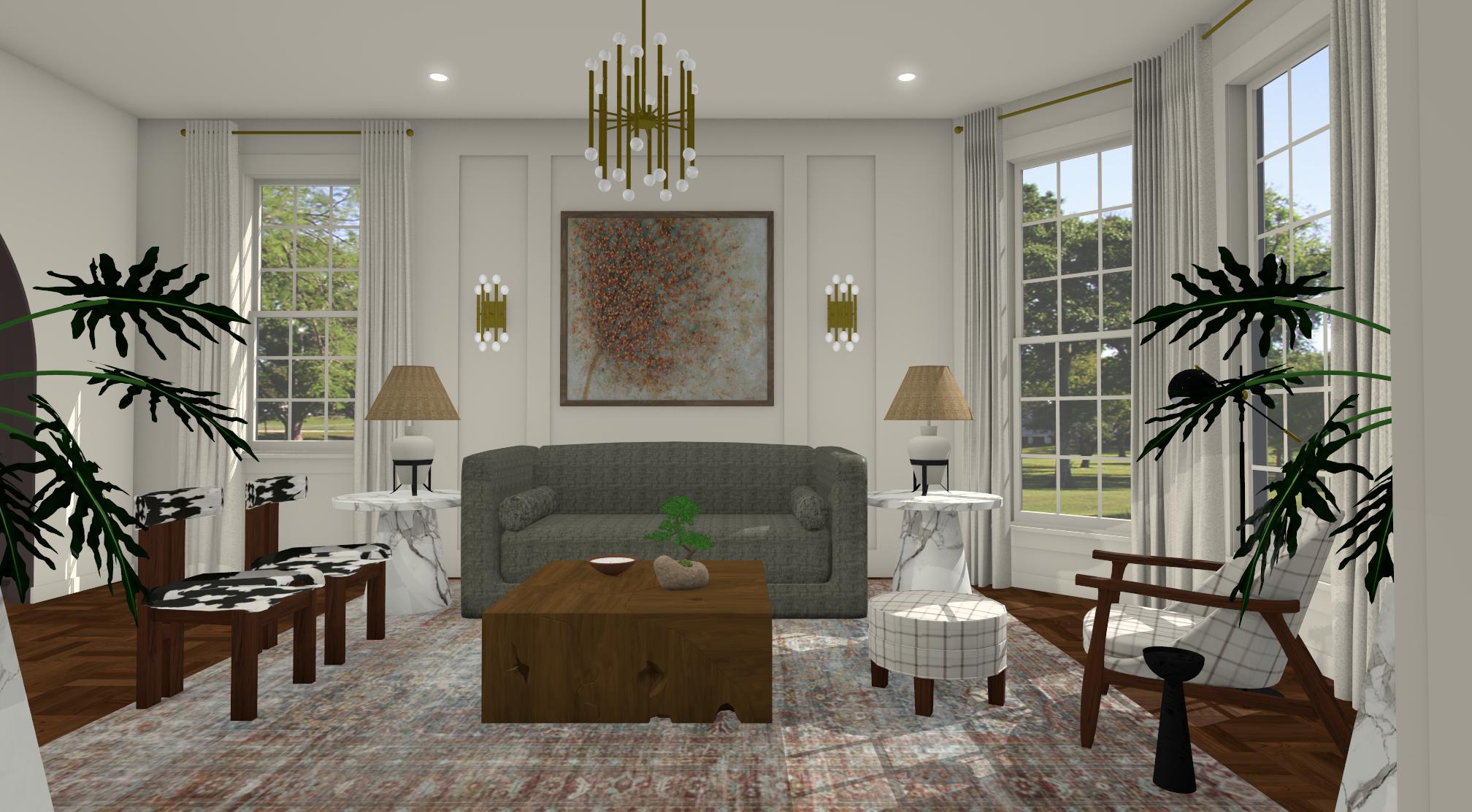 Living room with gray sofa, wooden coffee table, two armchairs, large windows, and decorative wall art.