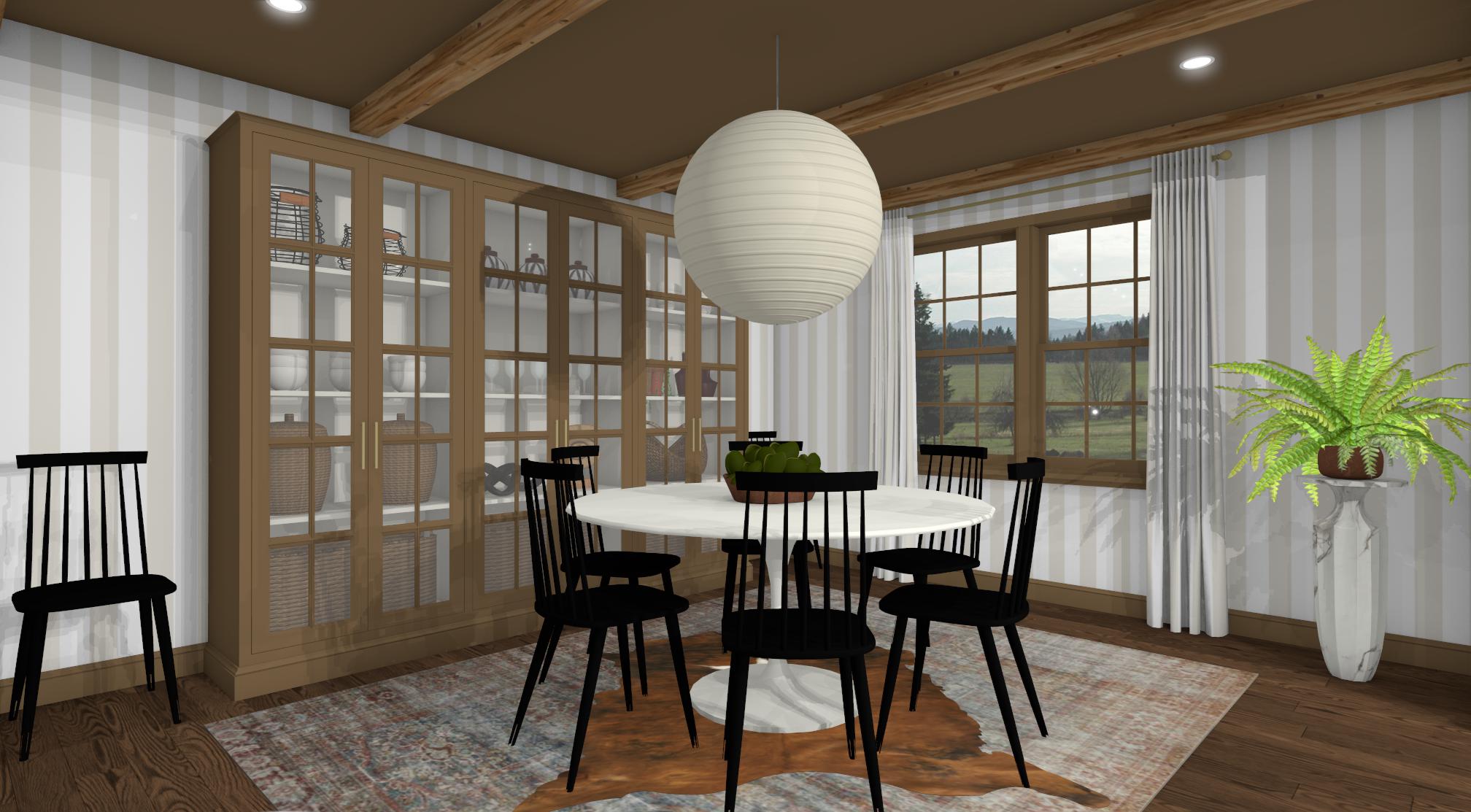 Dining room with round table, four chairs, large window, potted plant, and paper lantern light fixture.