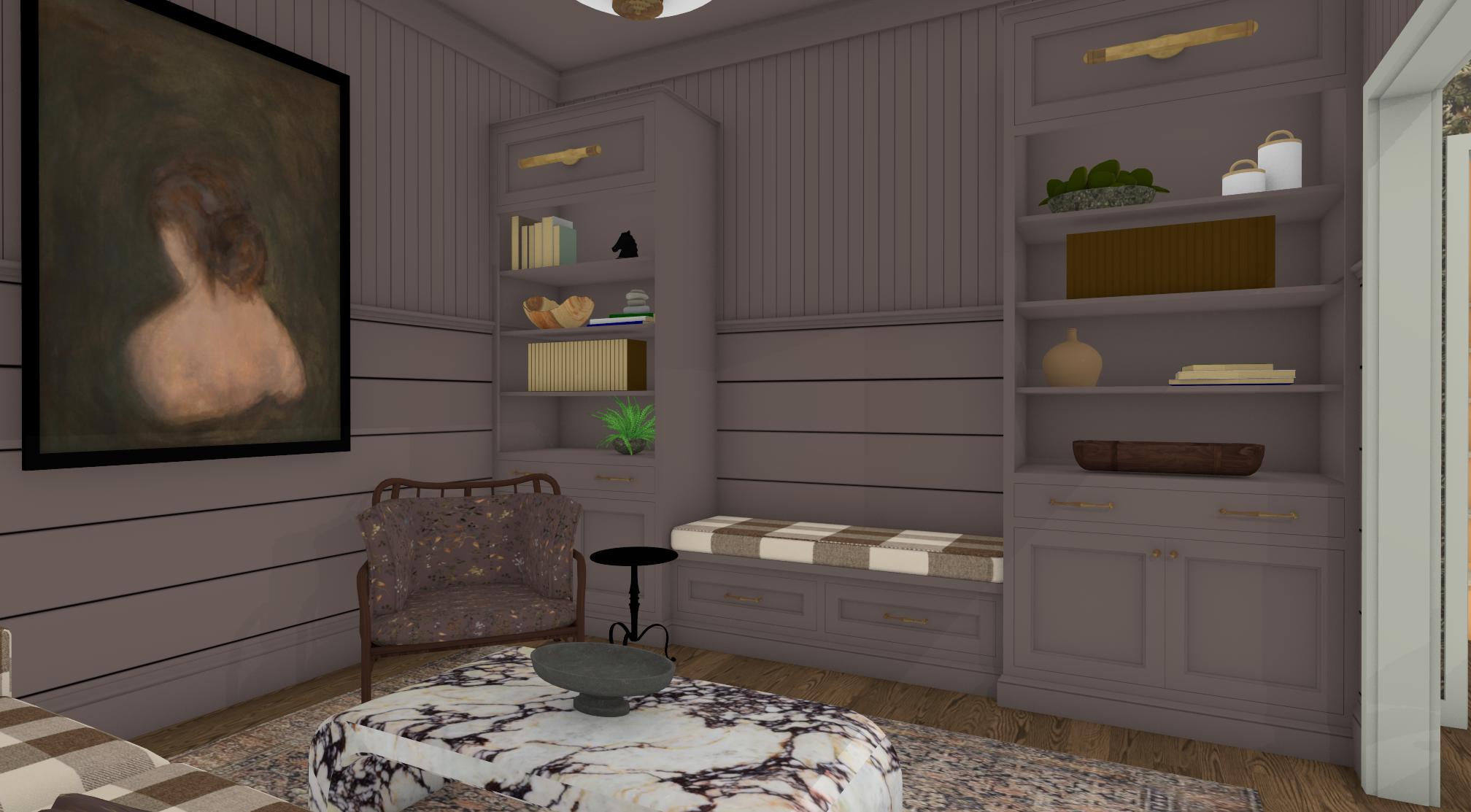 Living room with a painting, patterned ottoman, armchair, built-in shelves, and a window, in neutral tones.