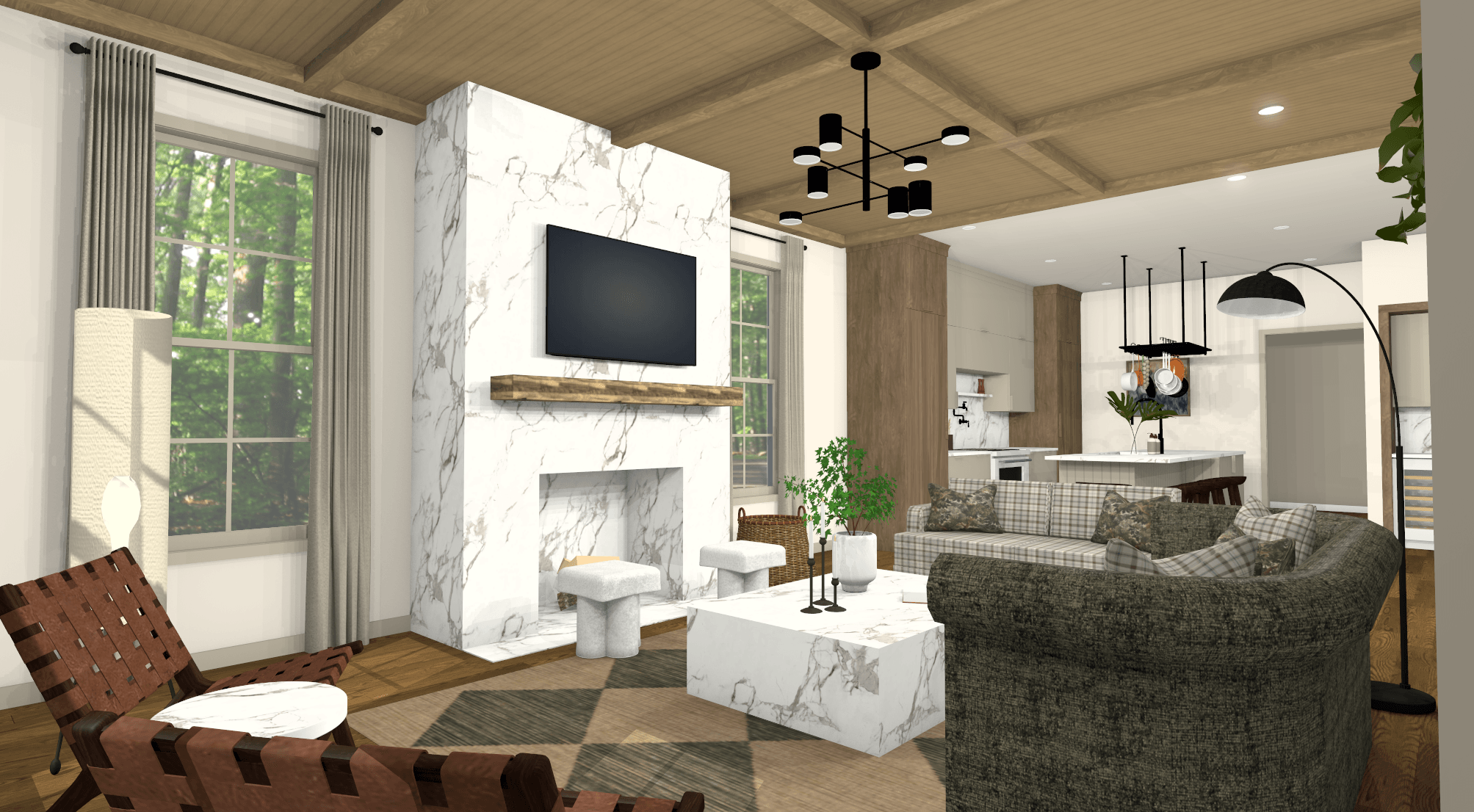 Living room with marble fireplace, wall-mounted TV, gray sofas, coffee table, large windows, and modern decor.