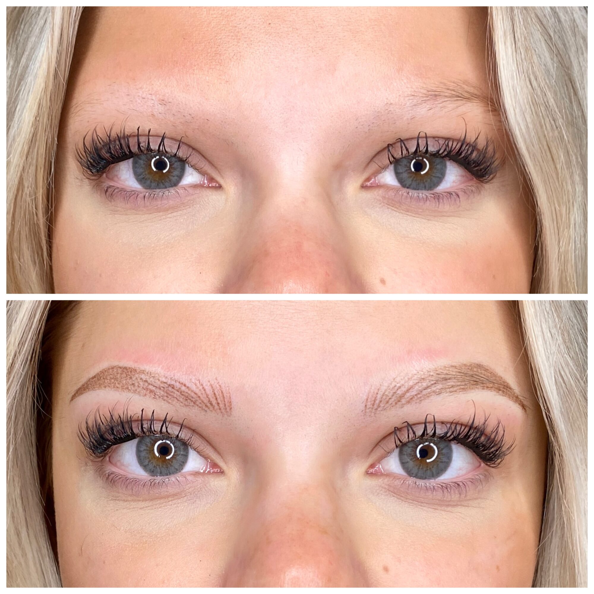 Close-up of a person's eyes before and after eyebrow grooming, showing changes in eyebrow shape and appearance.