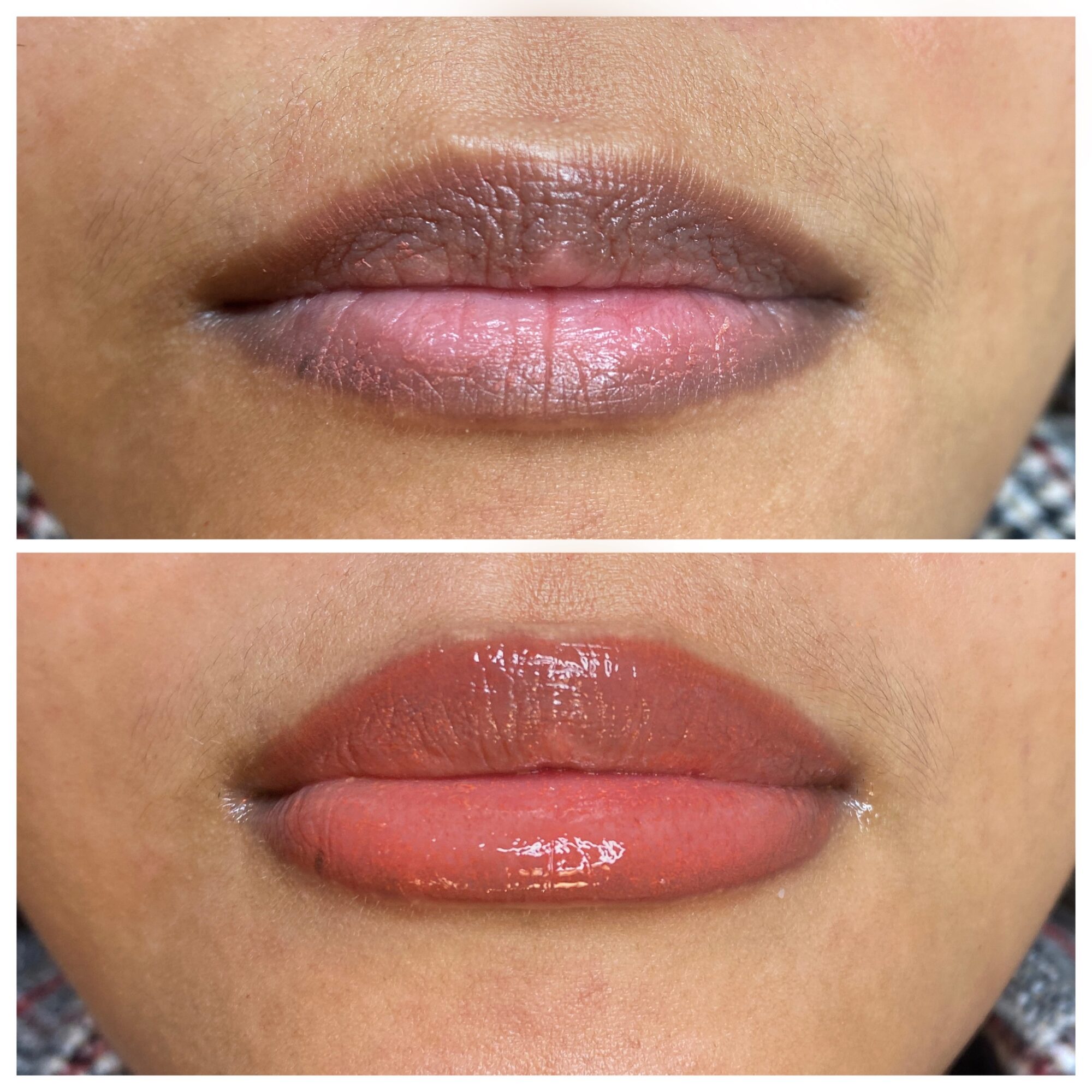 Close-up of lips before and after applying lip gloss, showing improved shine and color. Word count: 20.