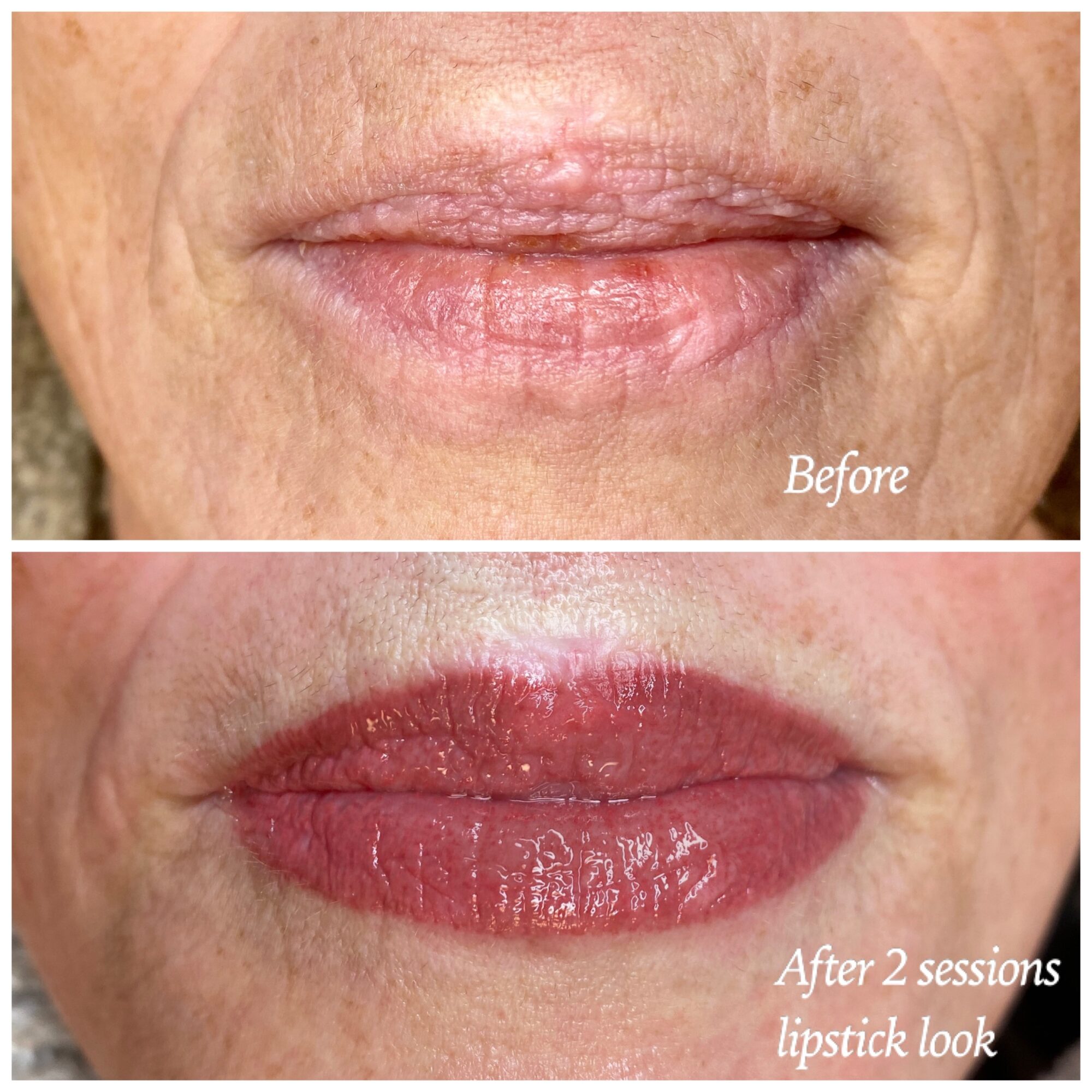 Close-up of lips before and after two sessions, showing improved lip color and texture, with the after image labeled 'lipstick look'.