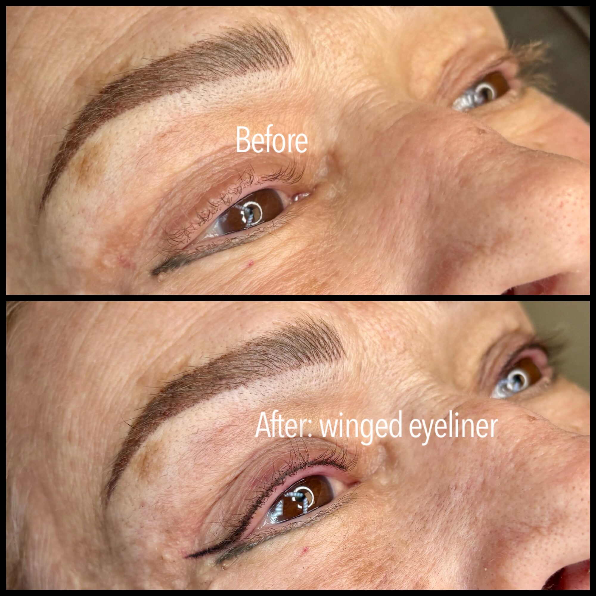 Close-up of a person's eye showing before and after winged eyeliner application, with visible eyebrow and skin texture.