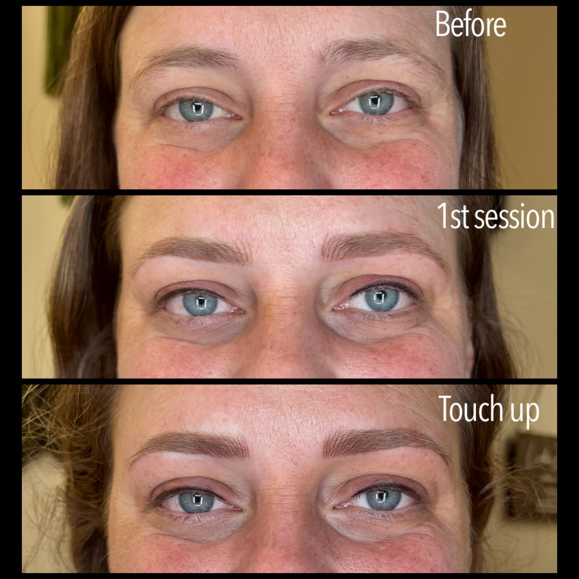 Three close-up images of a person's eyes showing before, after first session, and touch-up results, with labels.