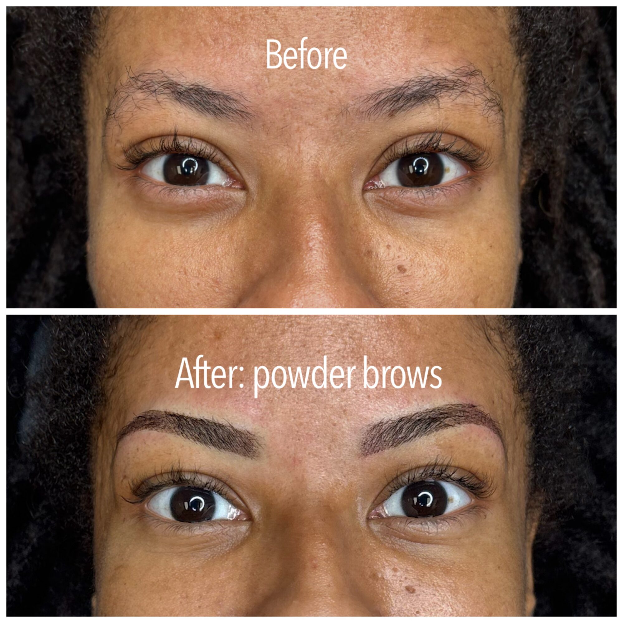 Comparison of eyebrows before and after powder brow application, showing fuller, defined eyebrows in the after image.