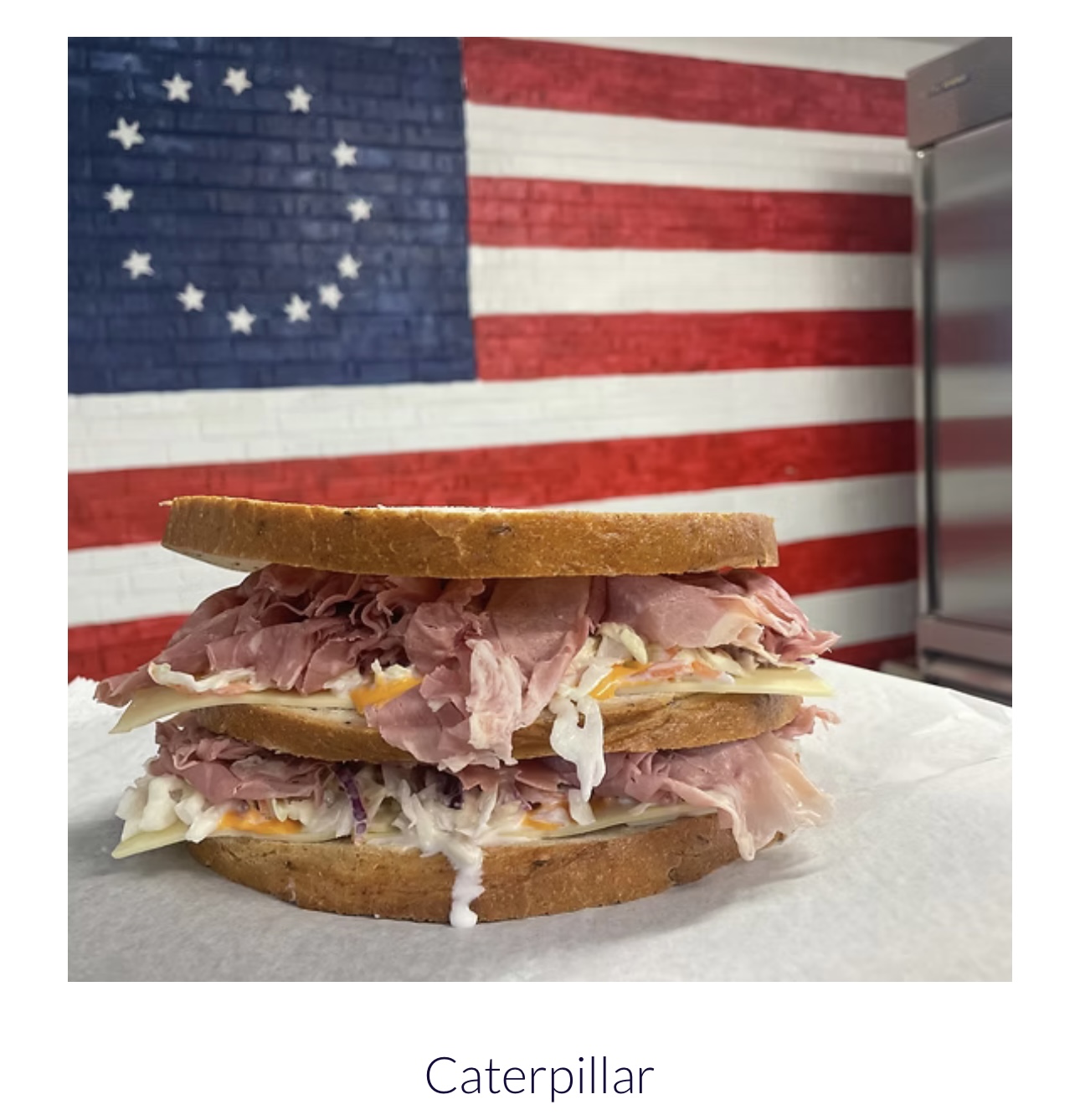 Sandwich with meat and cheese on bread, in front of an American flag mural, on a white surface.