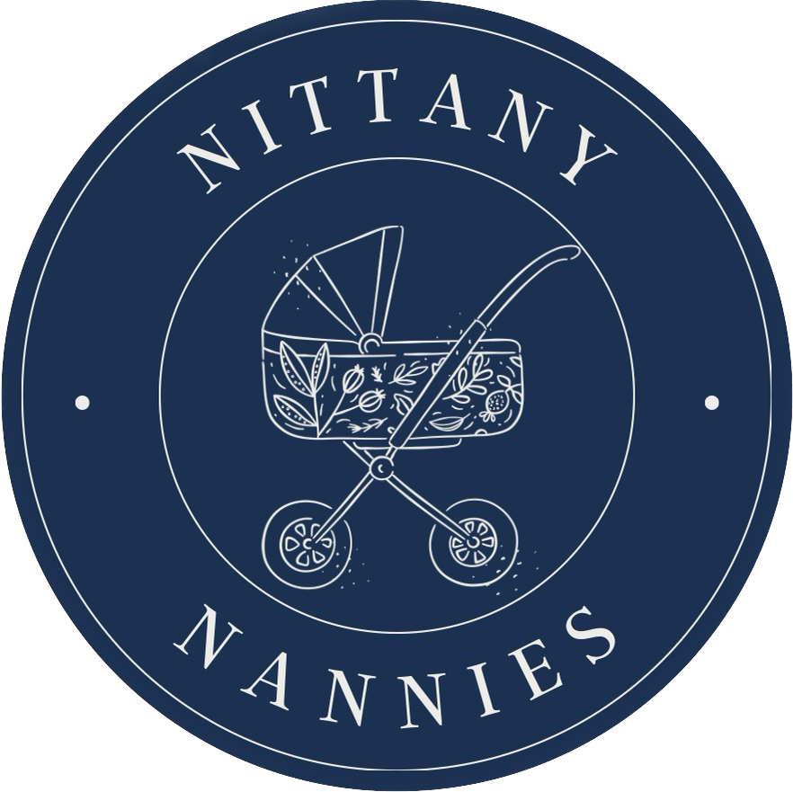 Circular logo with a stroller illustration and the words 'NITTANY NANNIES' around the edge.