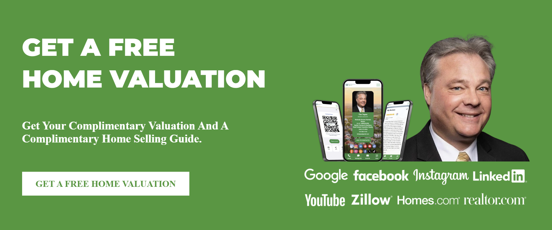 Advertisement offering free home valuation with a smiling man, phones, and social media icons on a green background.