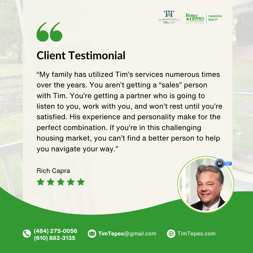 Client testimonial from Rich Capra praising Tim's services, with a photo of a smiling man in a suit, contact info below.
