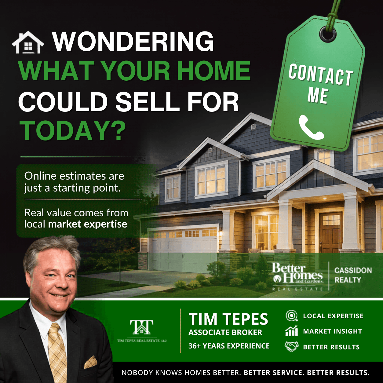 Real estate advertisement with a house, contact tag, and a man in a suit, promoting home selling and market expertise.