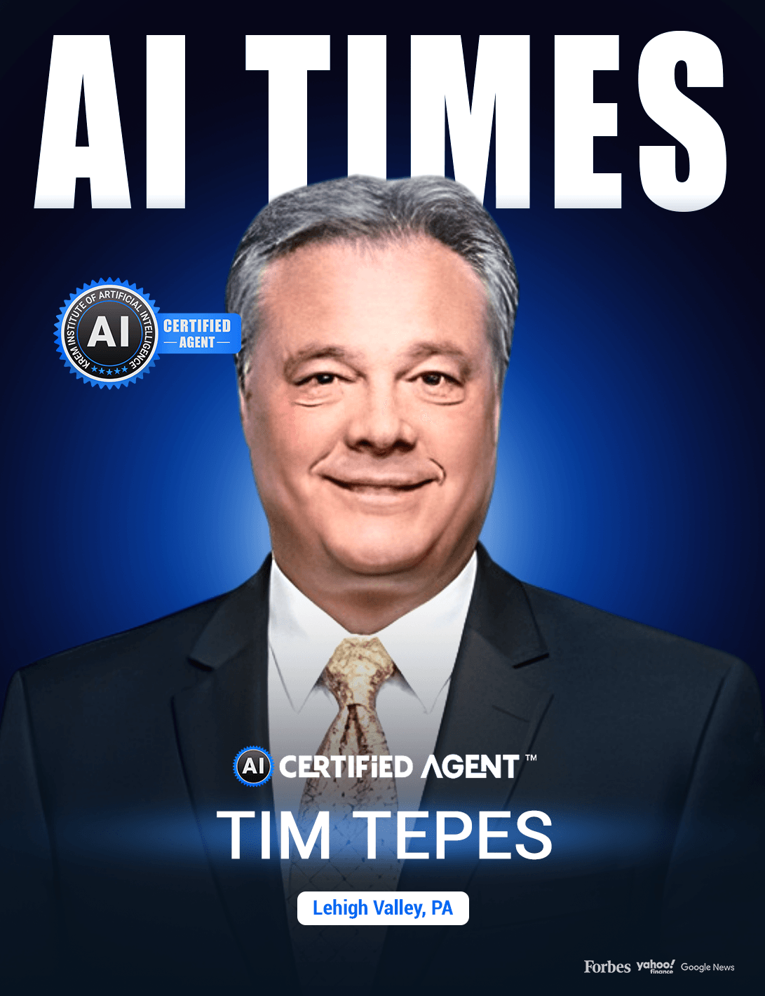 Portrait of a smiling man in a suit with text 'AI TIMES' and 'TIM TEPES' on a blue background.