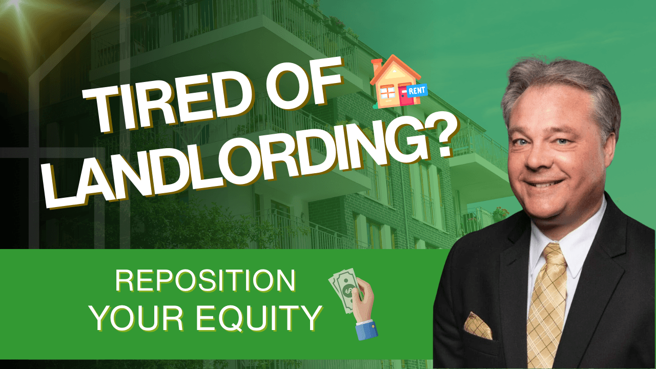 Smiling man in suit and tie next to text about landlord fatigue and repositioning equity, with building background.