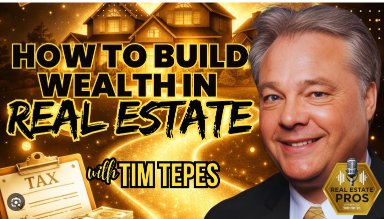Man smiling with a house and gold background, text reads 'How to Build Wealth in Real Estate with Tim Tepes,' includes a tax document and a badge.