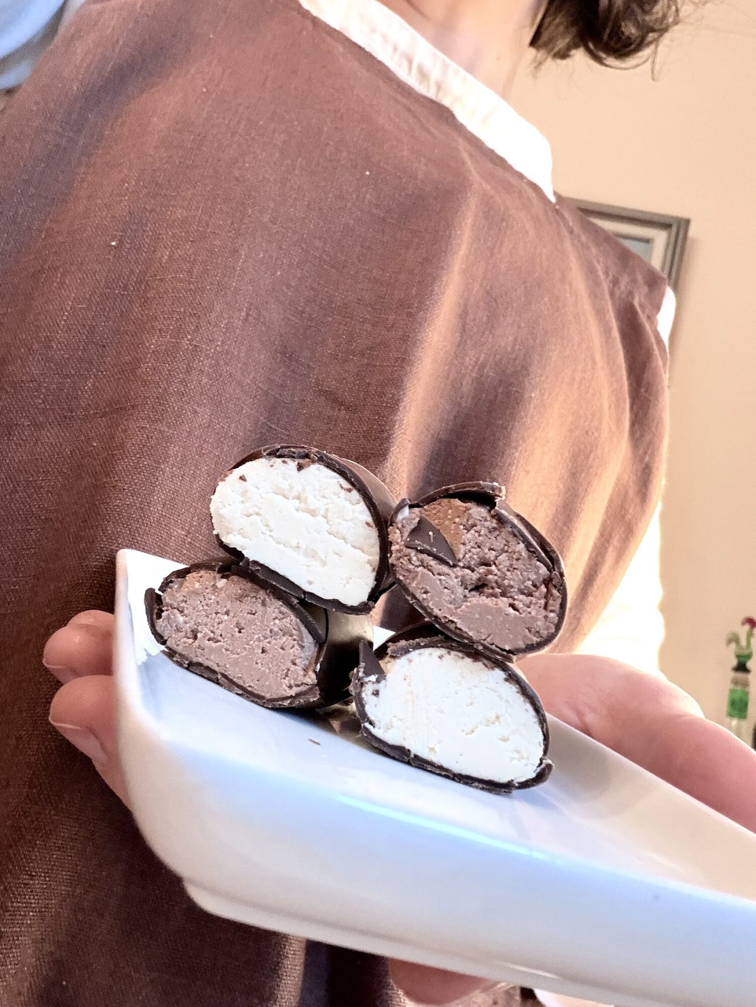 Person holding a white dish with four halved chocolate and vanilla ice cream sandwiches, background includes a framed picture and a plant.