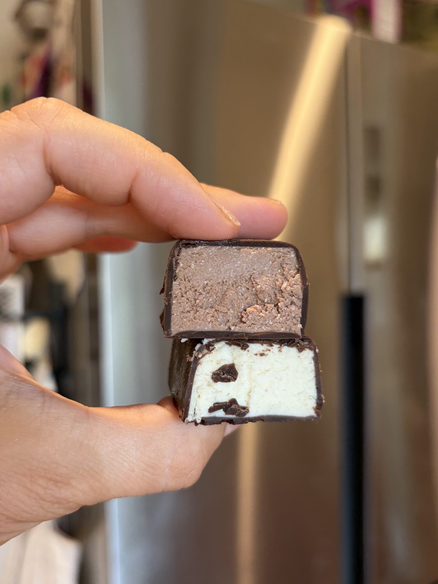 Hand holding two ice cream bars, one chocolate and one vanilla with chocolate, against a blurred background.