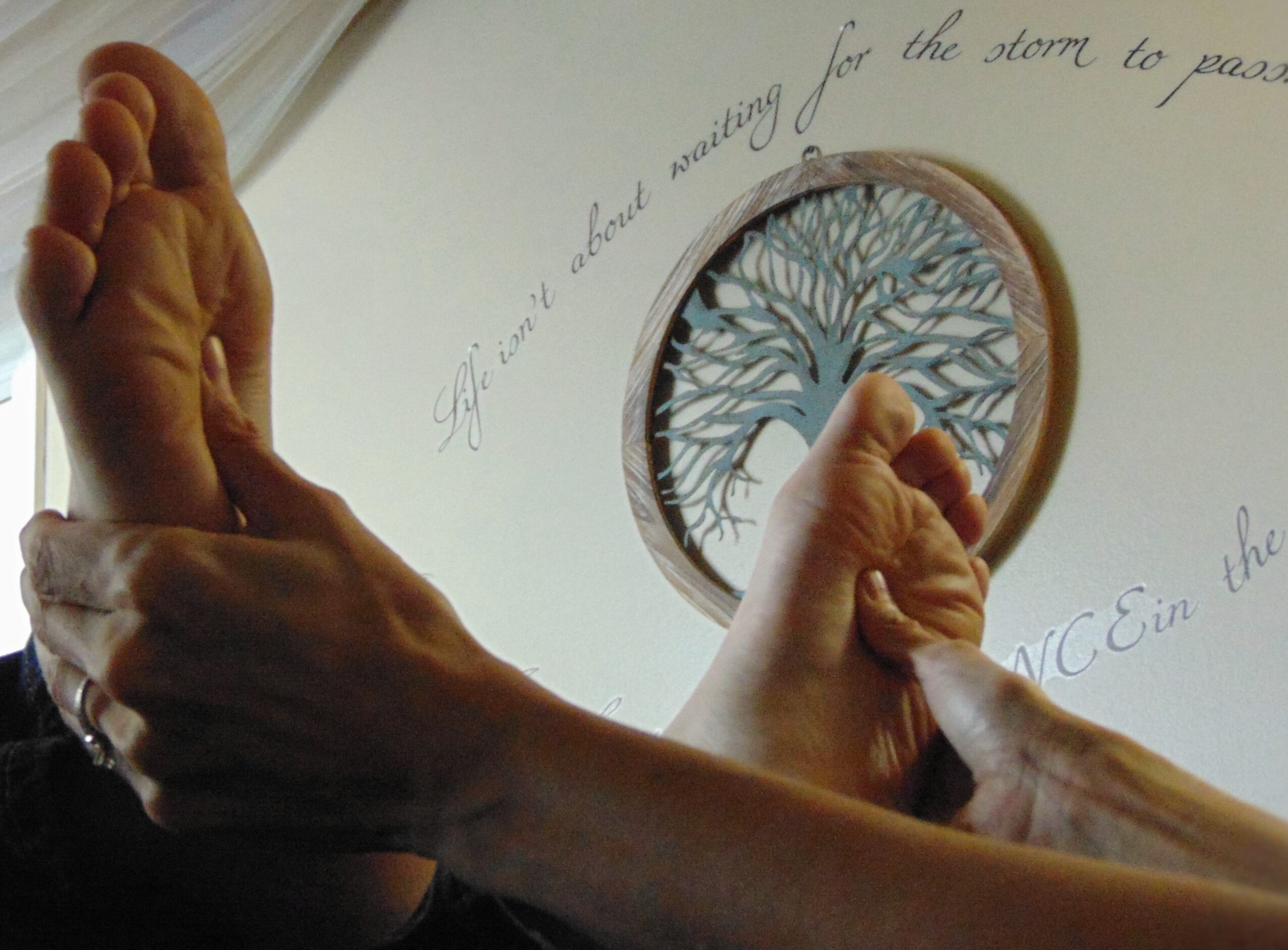 Two hands holding a small circular frame with a tree design, against a wall with cursive writing.