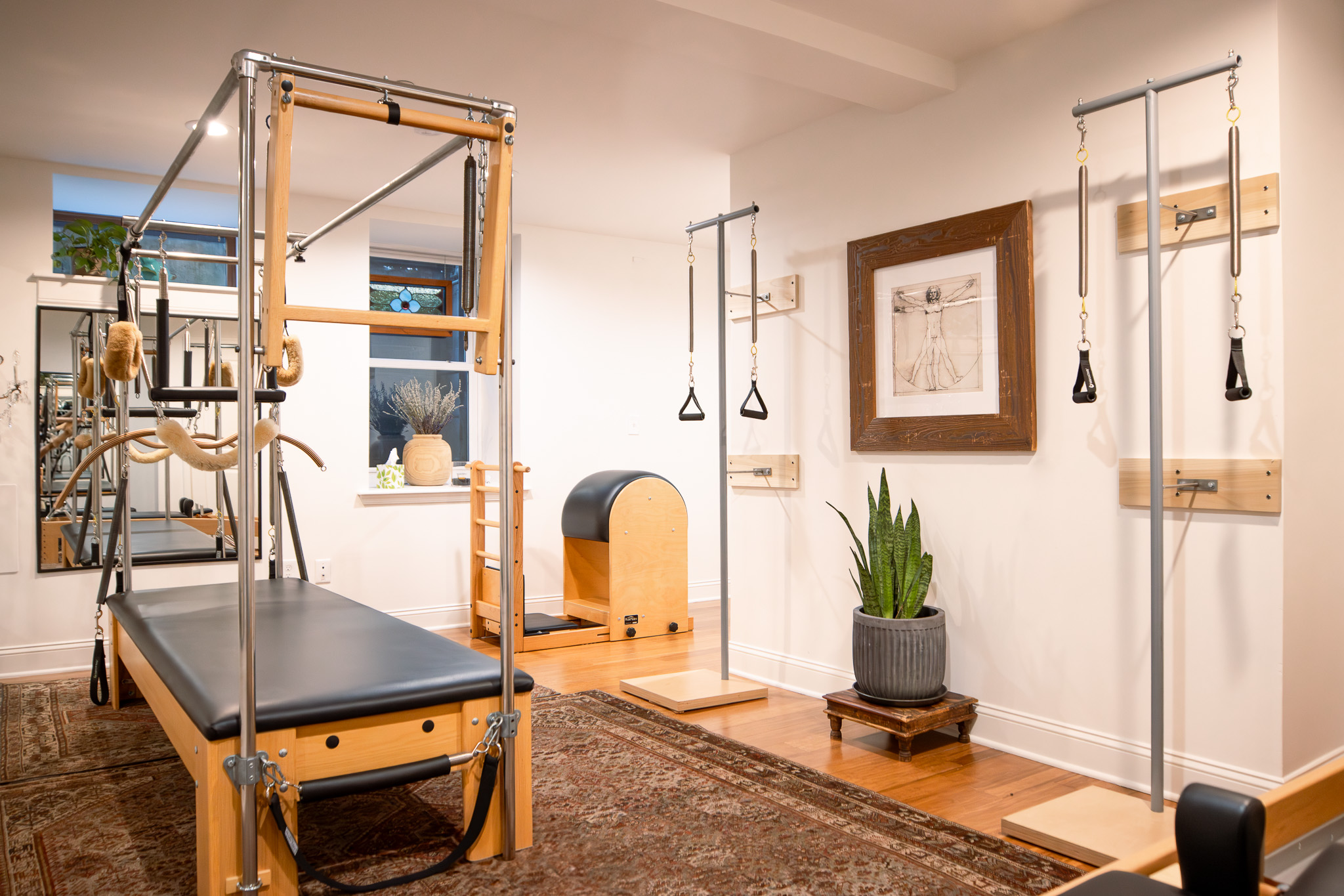 Therapy or exercise room with equipment, a plant, framed picture, and window, featuring wooden and metal structures.