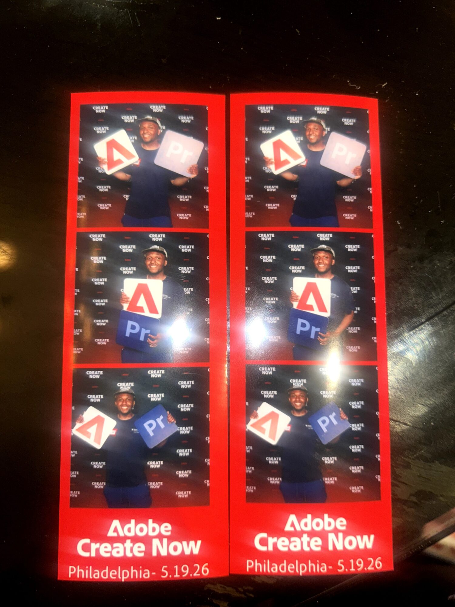 Four photos of a person holding Adobe logos, arranged in two columns, with a red border and text about Adobe Create Now event.
