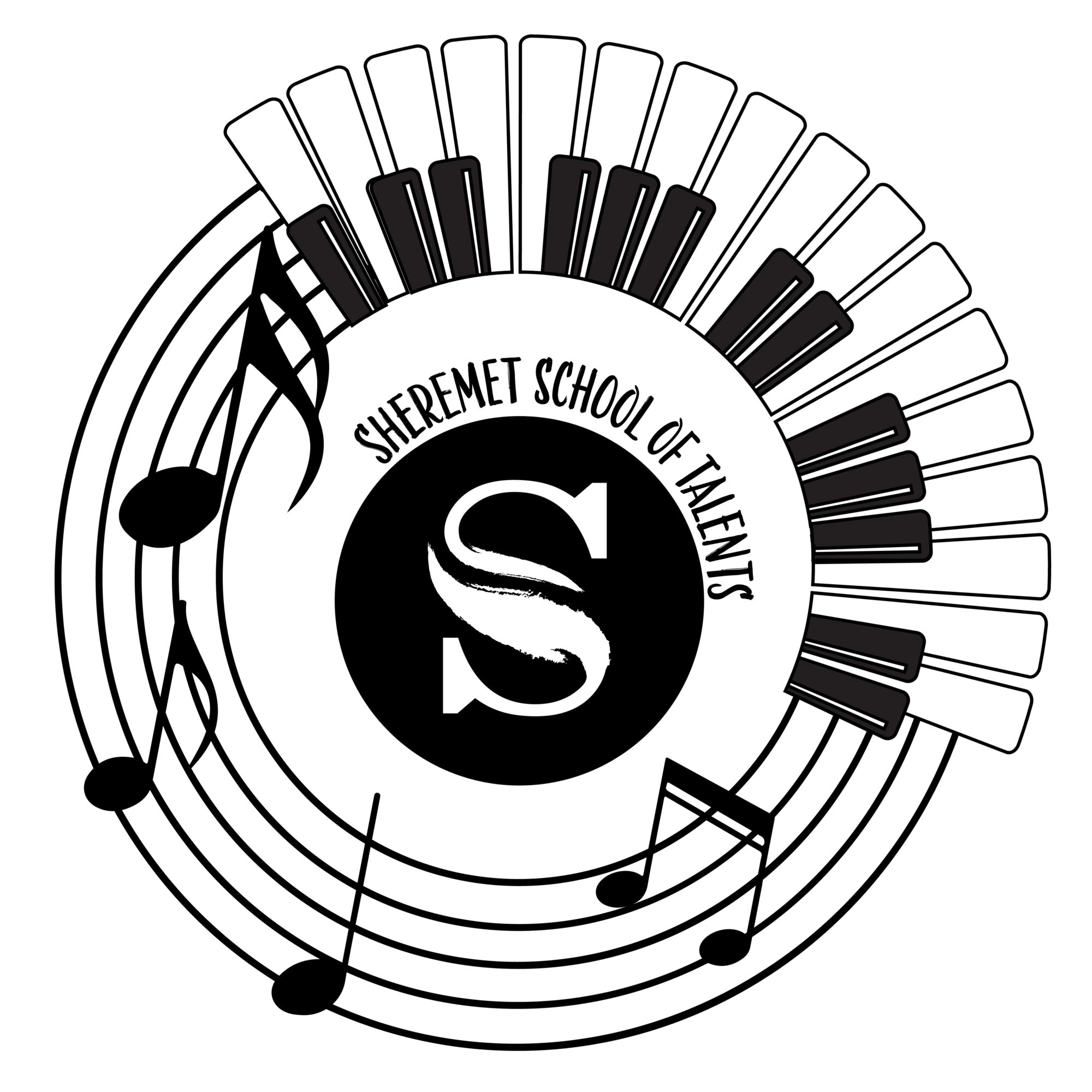 Logo with musical notes, piano keys, and text 'Sheremet School of Talents' around a central 'S'.