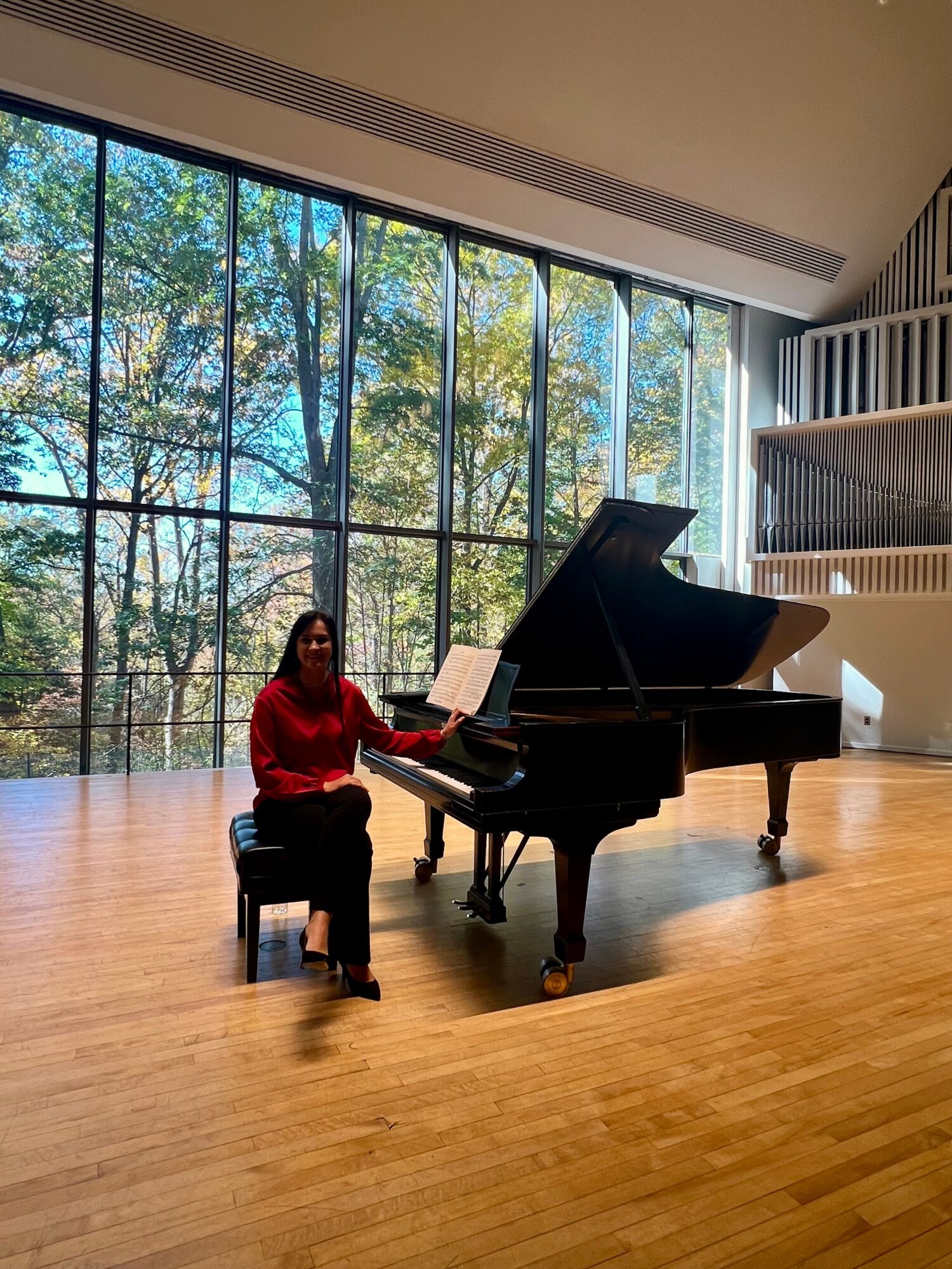 Person sitting at a grand piano in a spacious room with large windows showing trees outside.