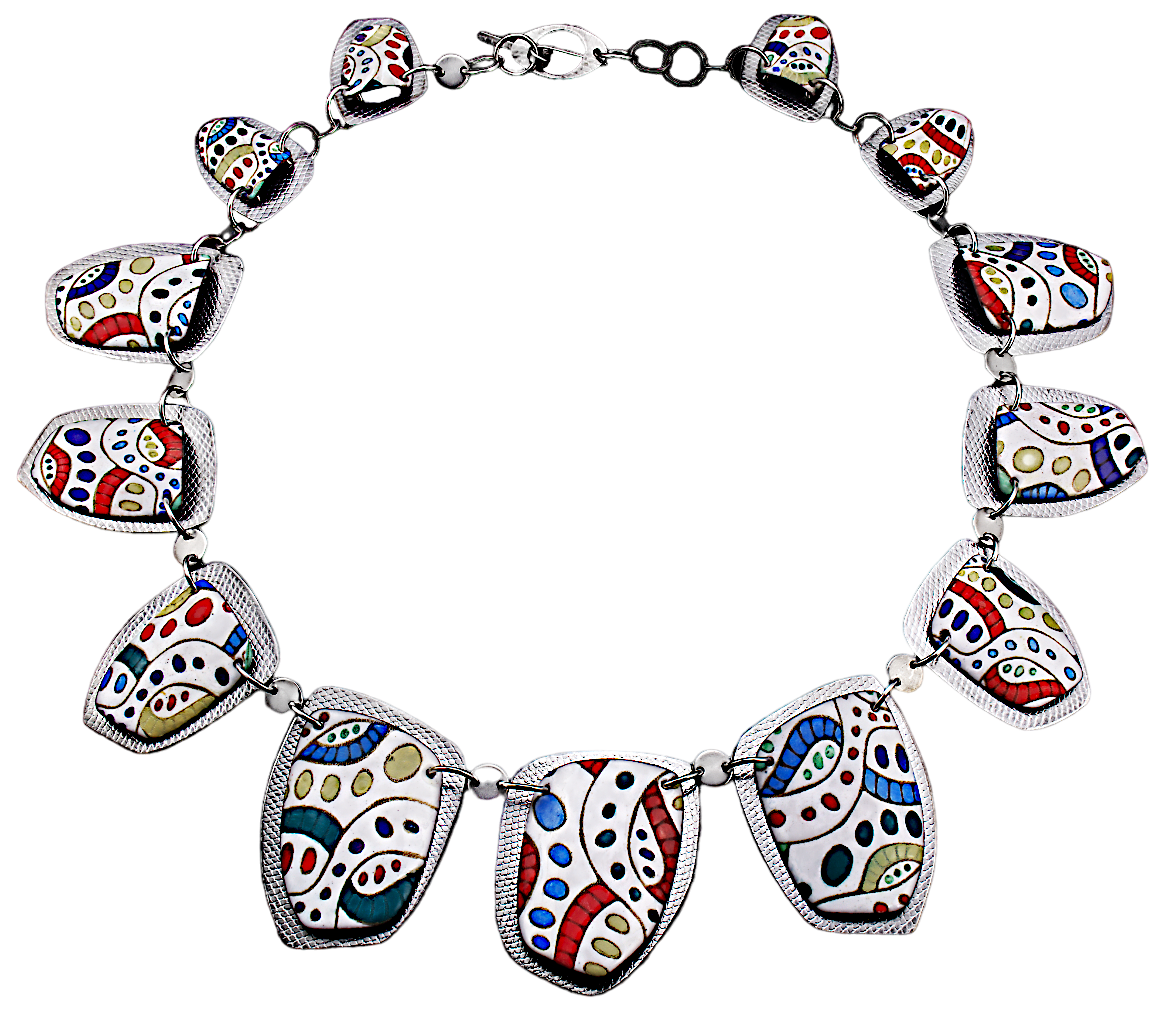 Necklace with large, colorful, patterned beads on a black background.