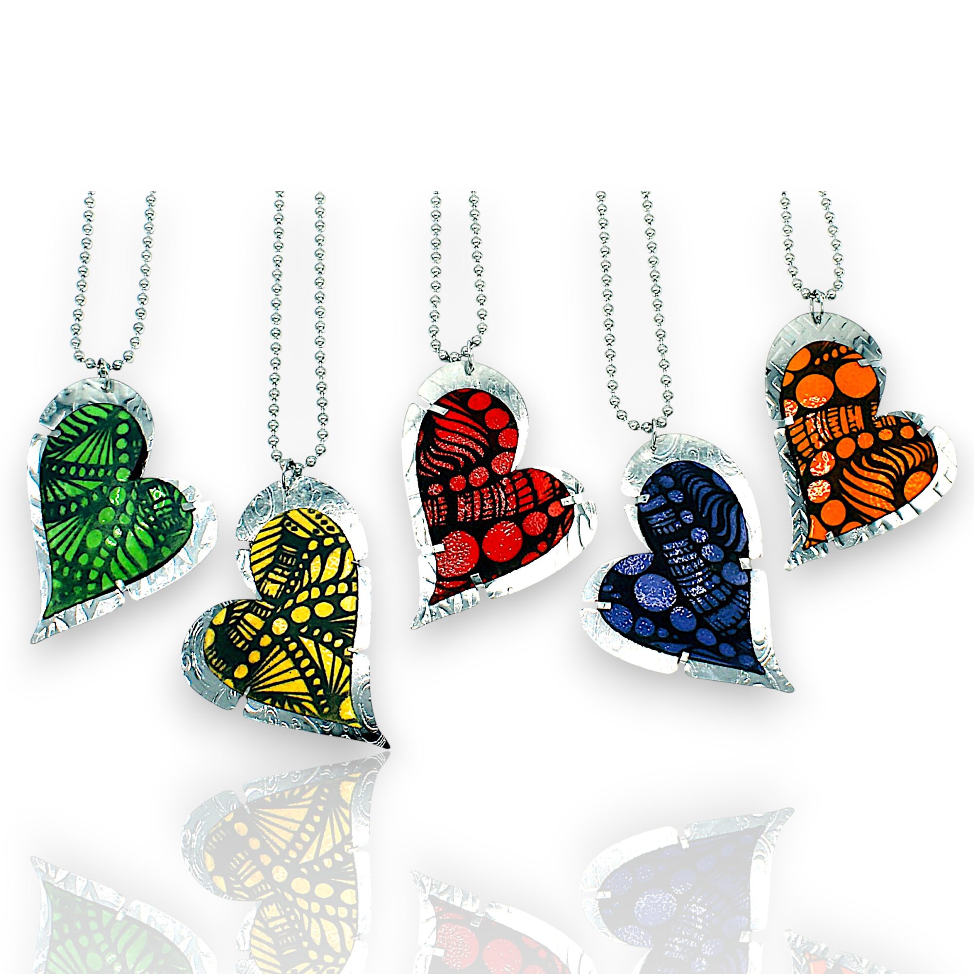 Five necklaces with heart-shaped pendants featuring colorful butterfly designs, arranged in a row on a white background.