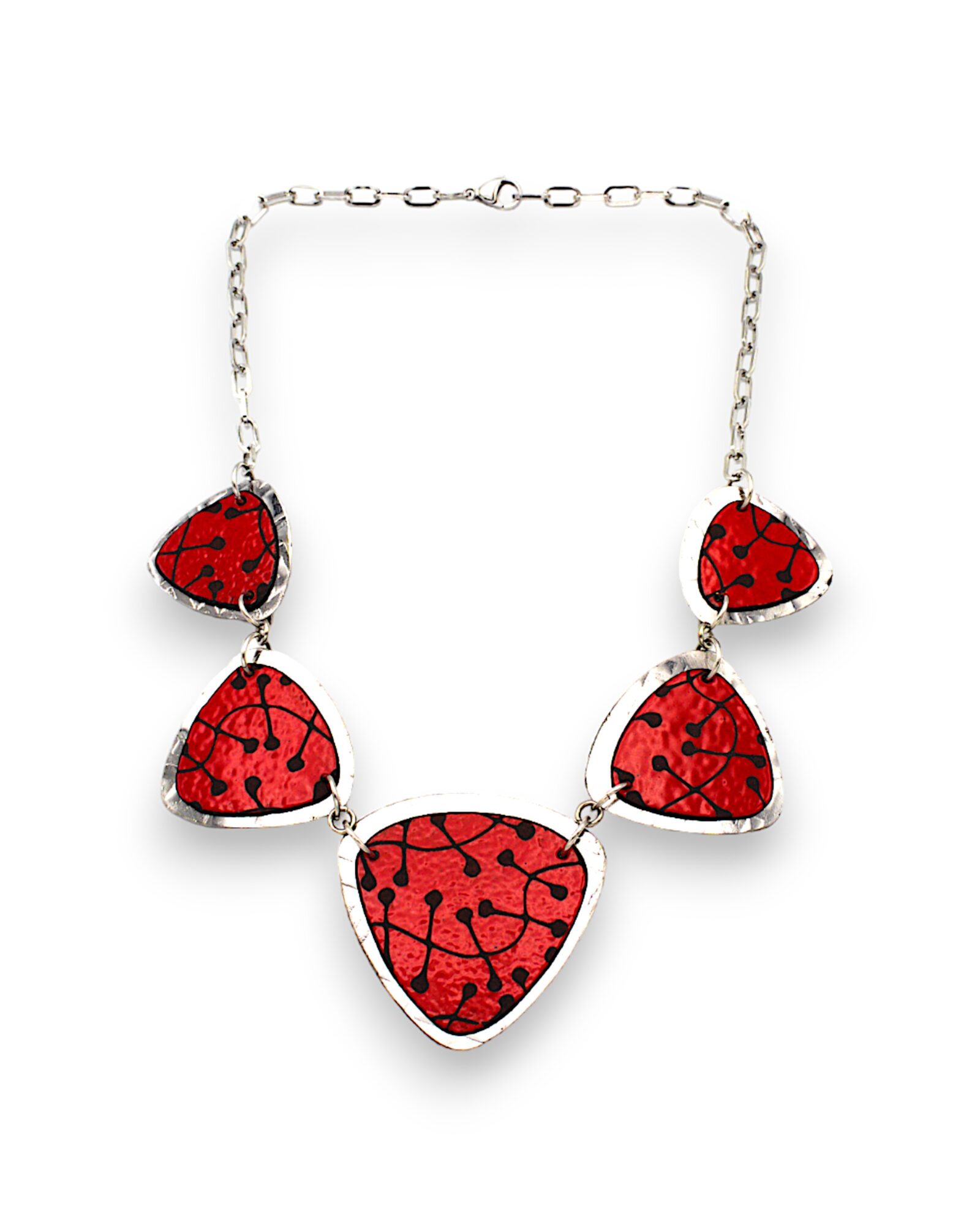 Necklace with five red heart-shaped pendants with black patterns, connected by a silver chain.