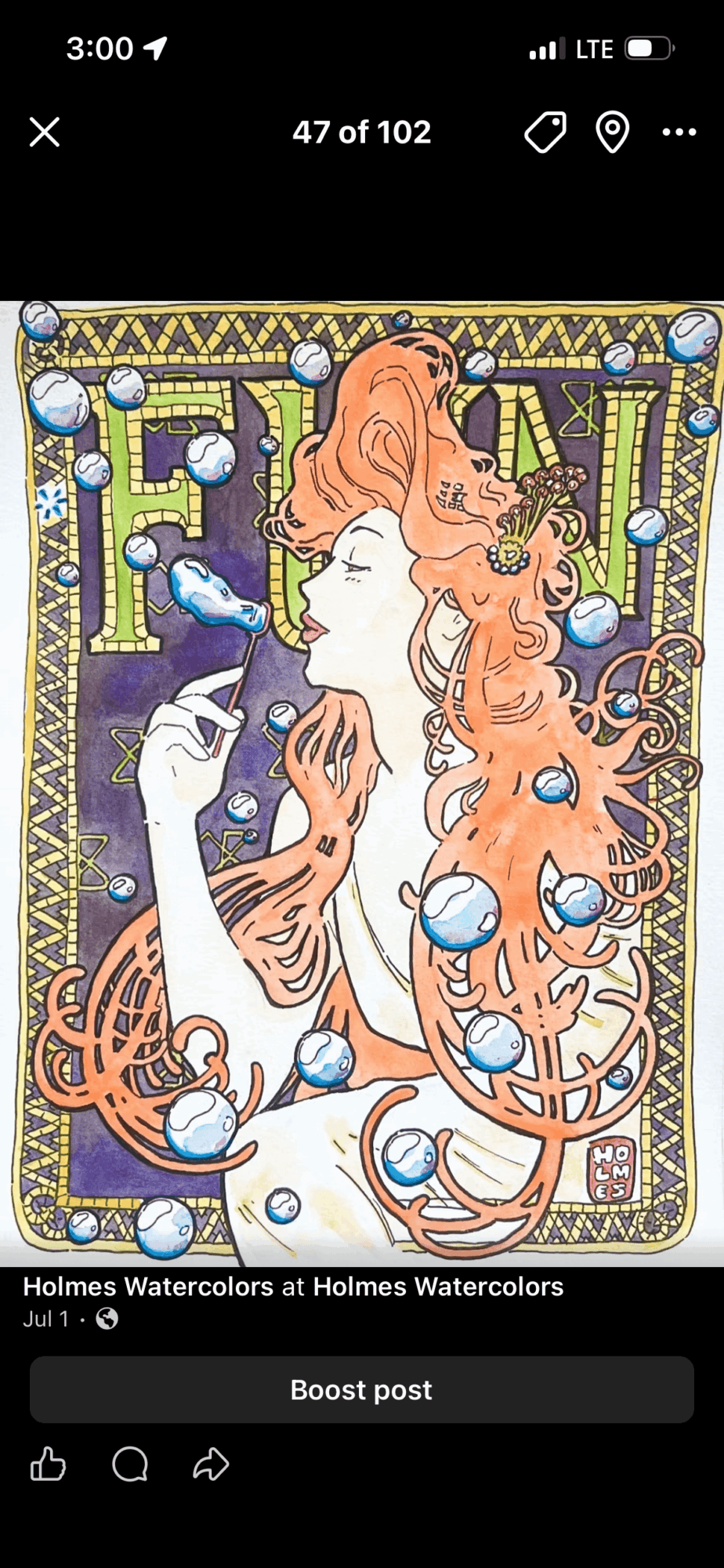 Two women with long, flowing hair surrounded by bubbles and abstract patterns, facing each other with closed eyes.