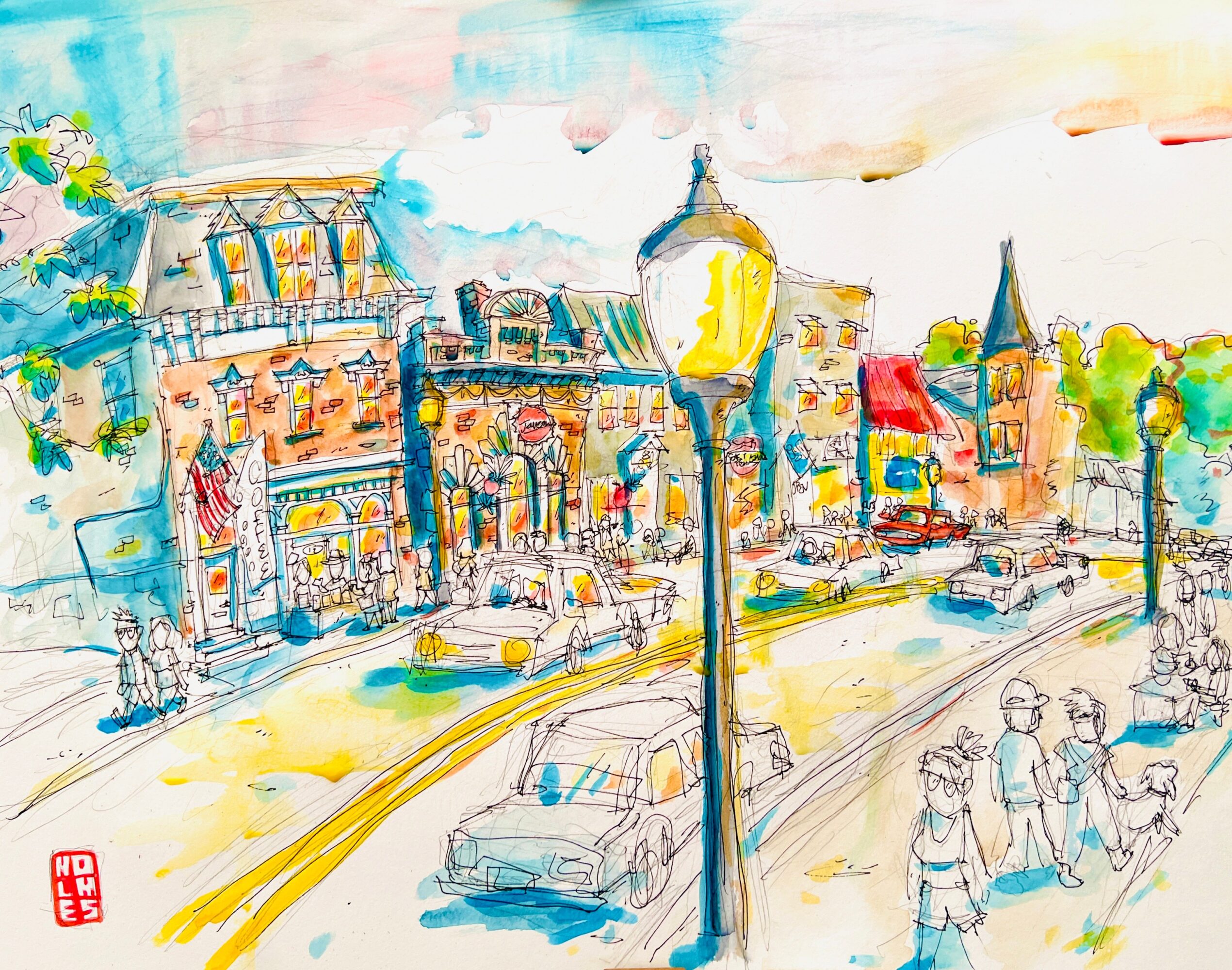 Colorful city street scene with buildings, cars, pedestrians, and a streetlamp, painted in a loose watercolor style.