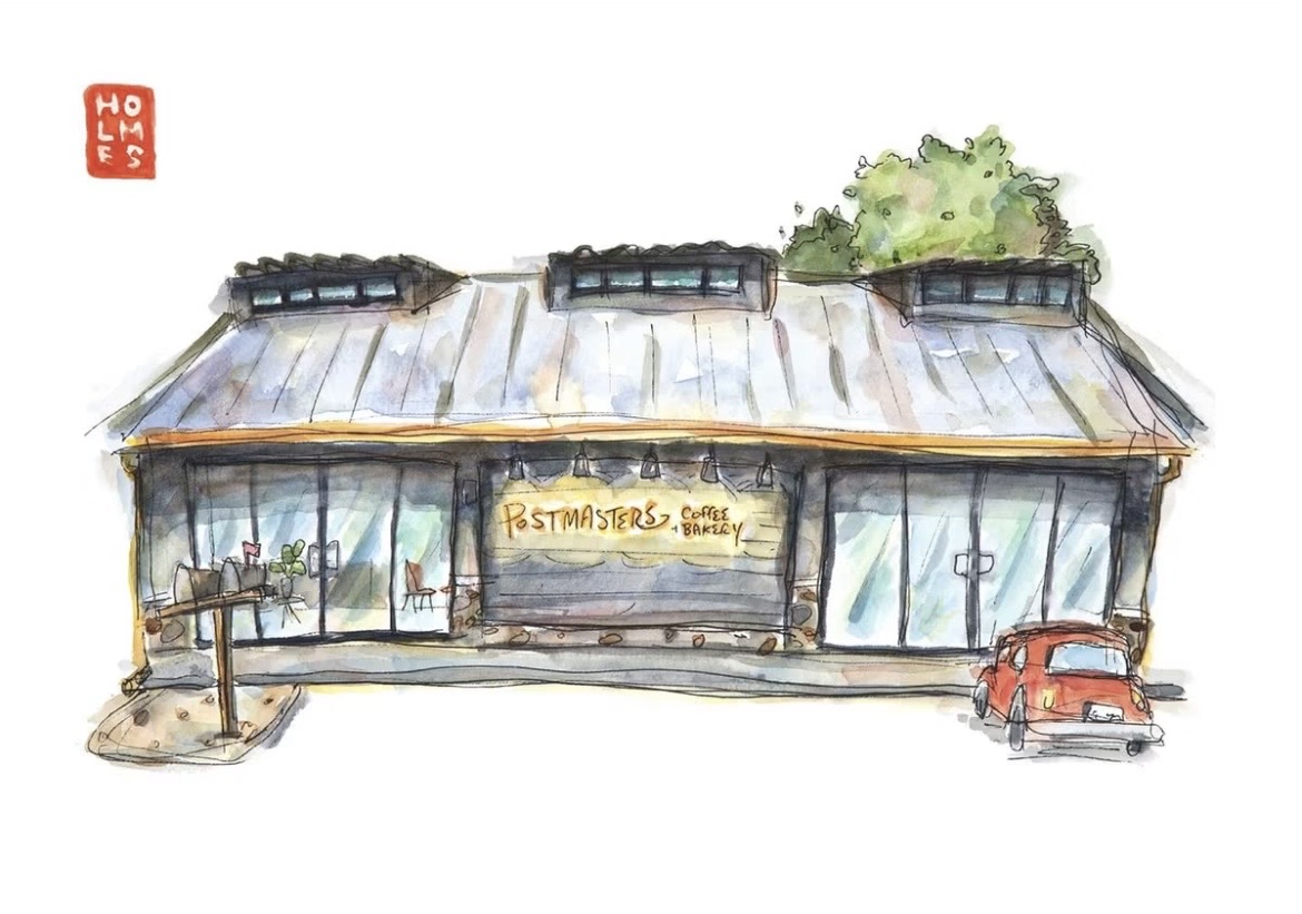 Watercolor illustration of a building with large windows, a sign, a tree, and a parked car, viewed from the front.