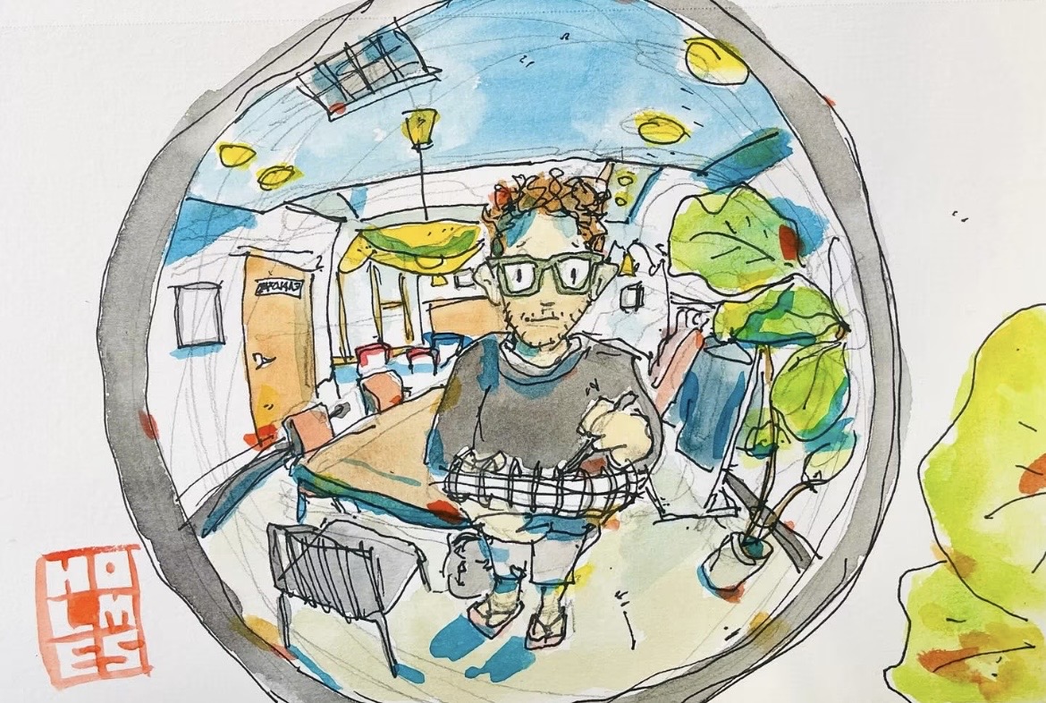 Person with glasses riding a bicycle inside a room, surrounded by colorful objects and furniture, in a circular frame.