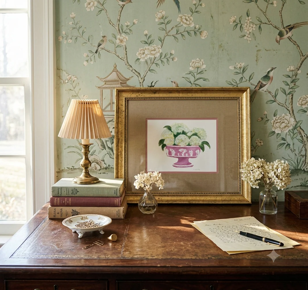 Decorative desk with framed artwork, lamp, books, flowers, and paper with pen, against floral wallpaper background.