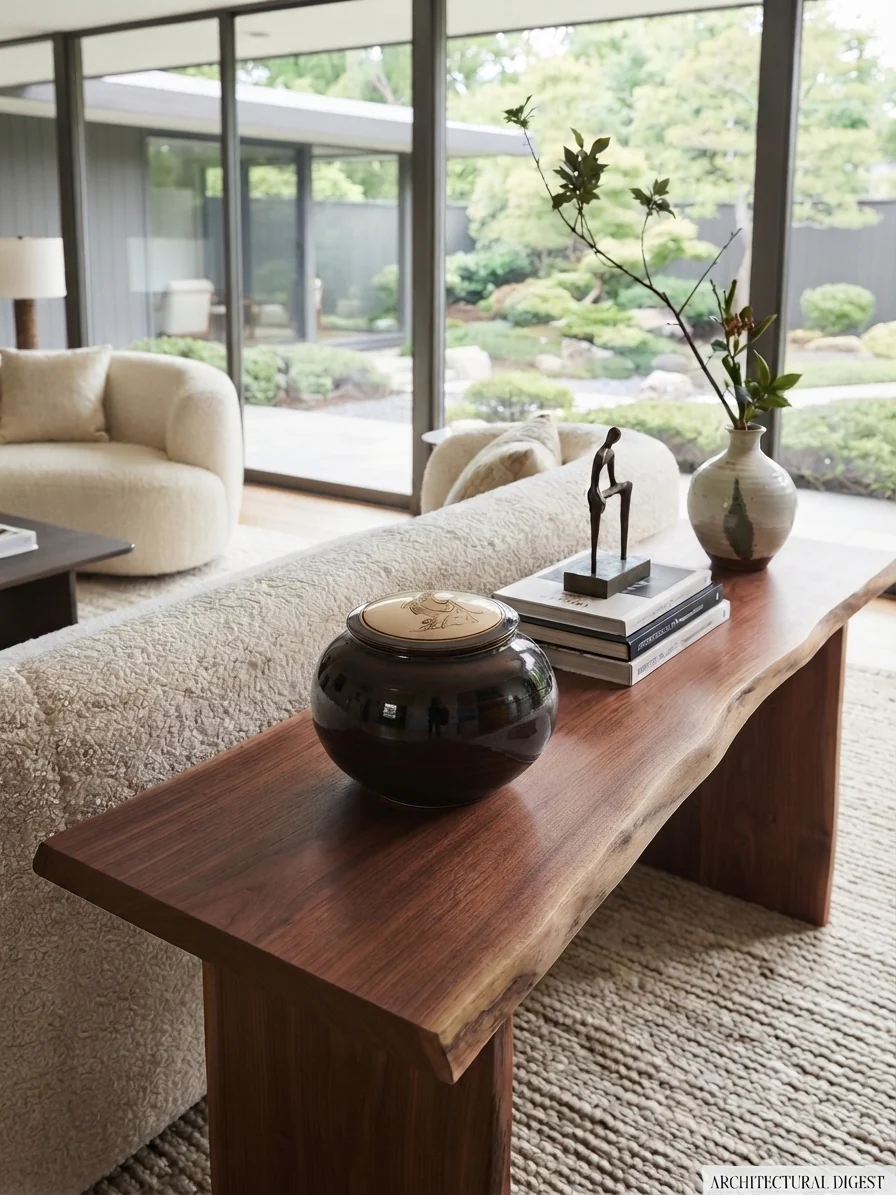 Living room with a wooden table, vase with branches, books, and decorative items, large windows showing outdoor greenery.