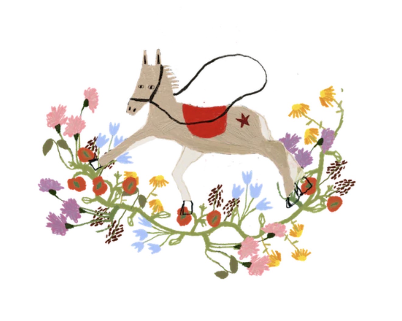 A whimsical horse with a red saddle and star, surrounded by colorful flowers and plants, on a white background.
