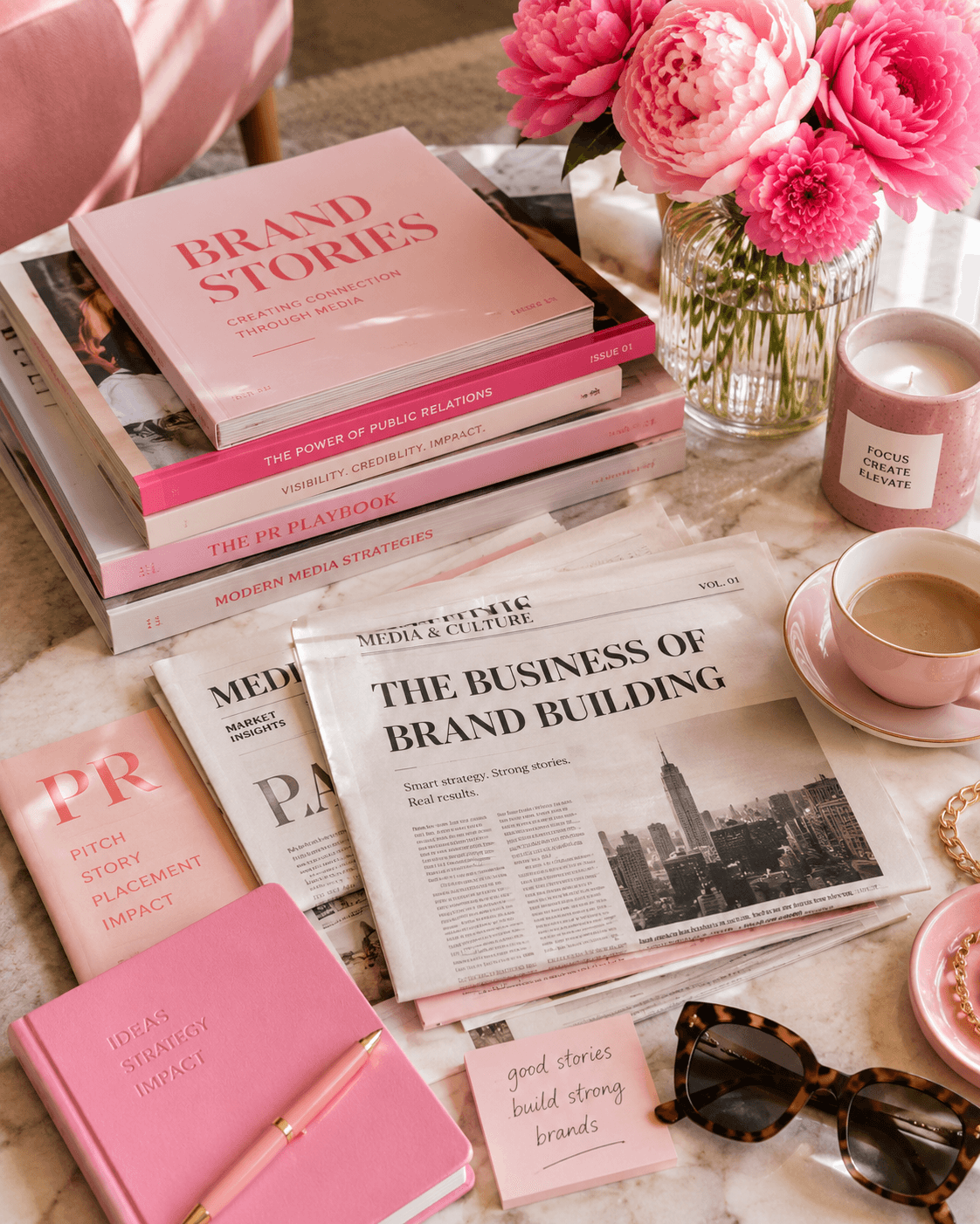 Pink flowers in a glass vase, magazines about branding, a cup of coffee, and a pink notebook on a table.