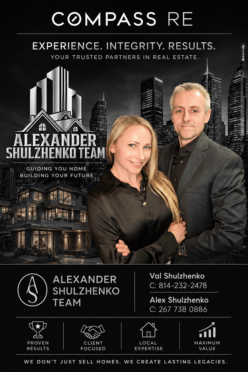 Two real estate agents, a woman and a man, stand together in front of a cityscape background with buildings and a logo.