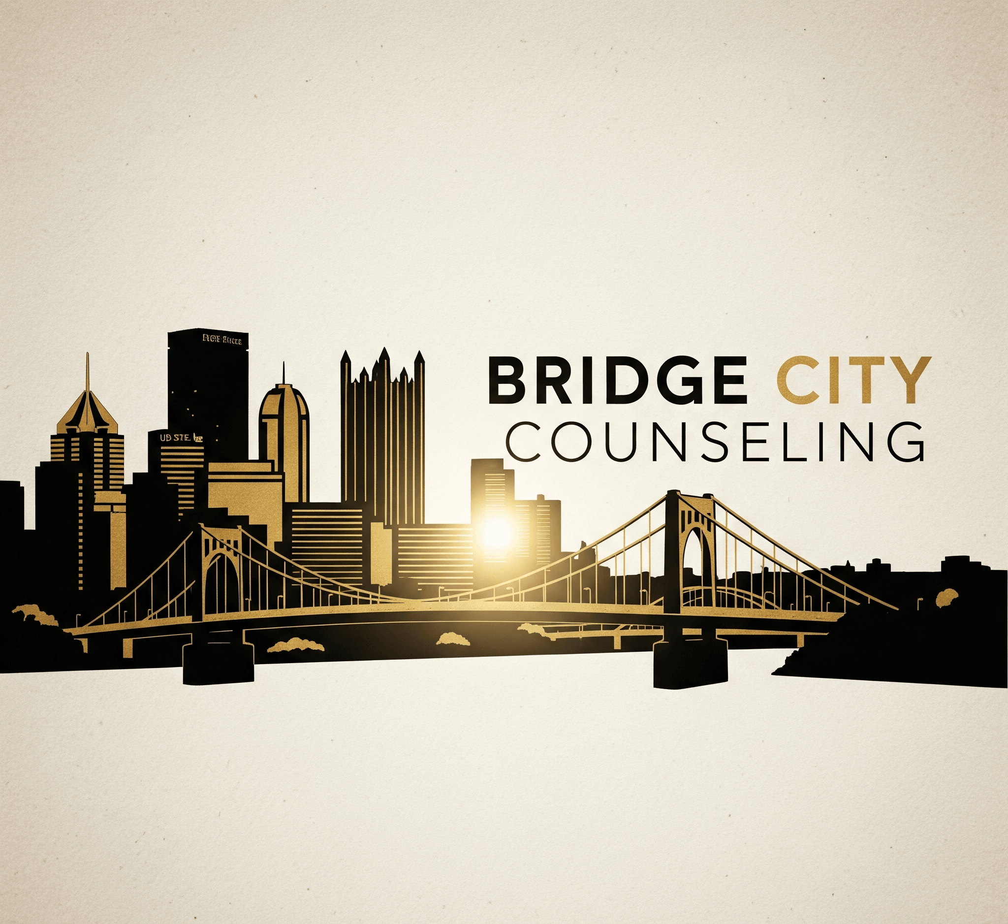 Silhouette of a city skyline with a bridge, text reads 'Bridge City Counseling', with sunlight behind buildings.