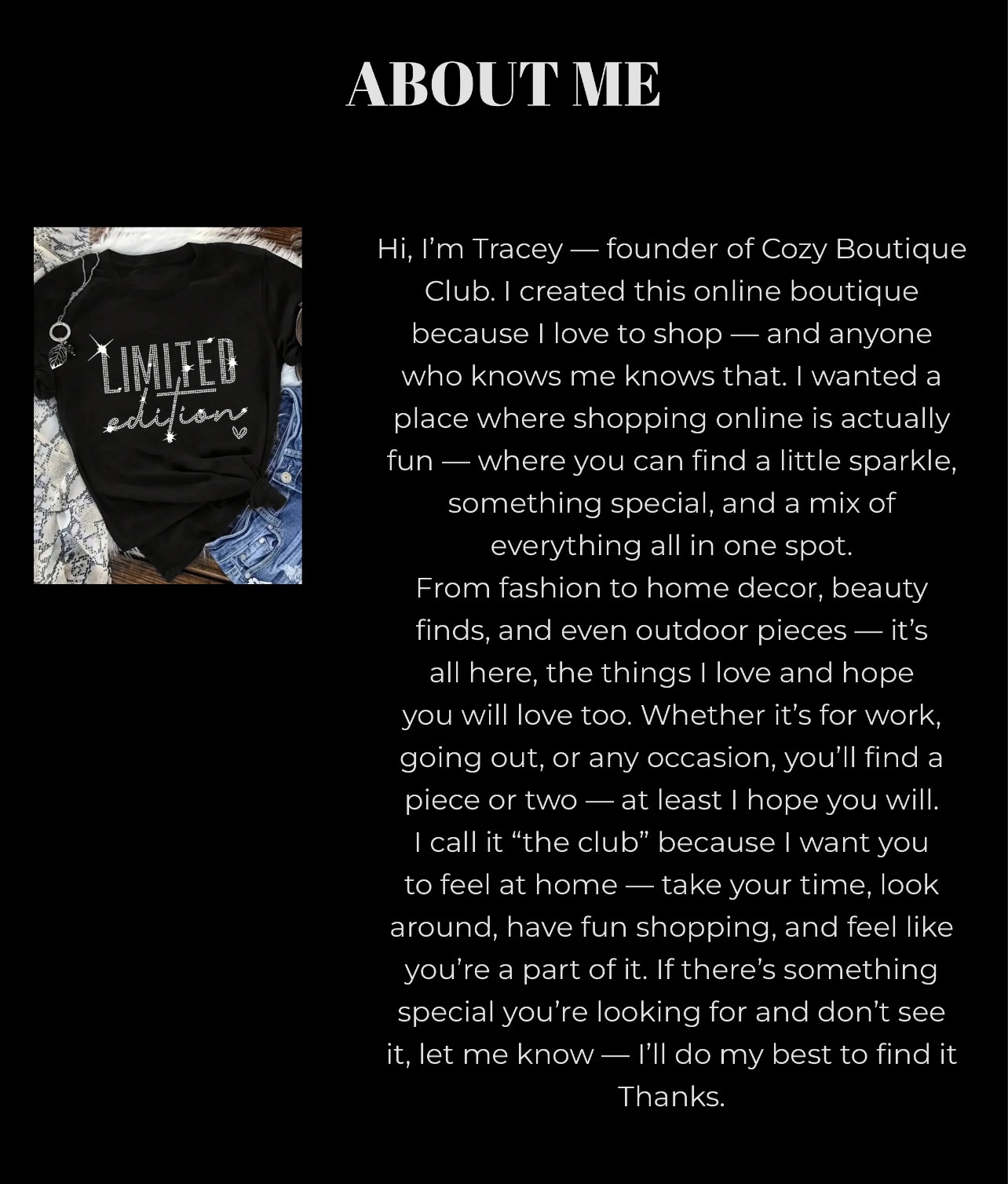 Text about Tracy, founder of Cozy Boutique, describing her love for shopping, her store, and her passion for helping customers.