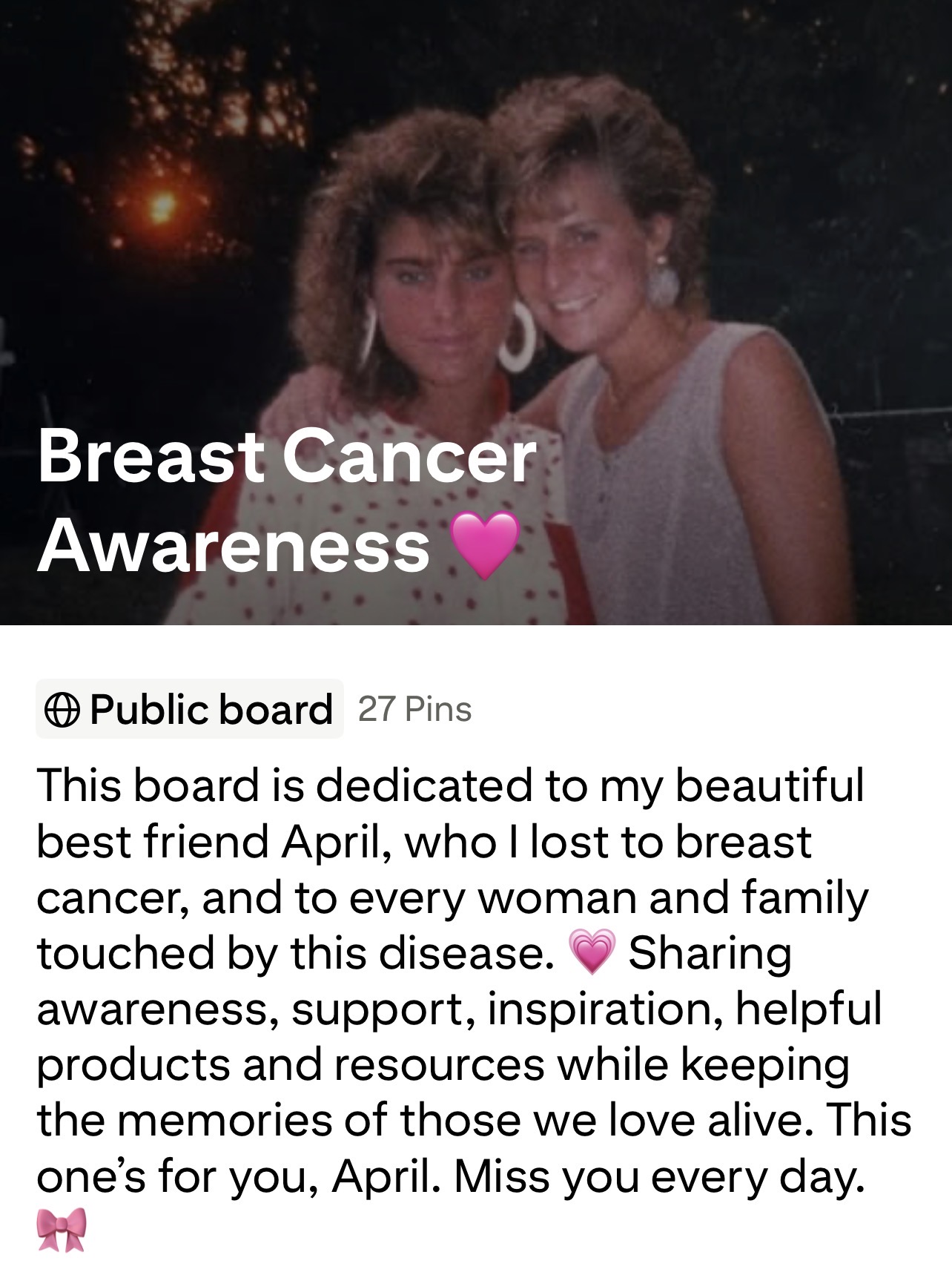Two women smiling outdoors at night, with text about breast cancer awareness and a pink heart emoji.