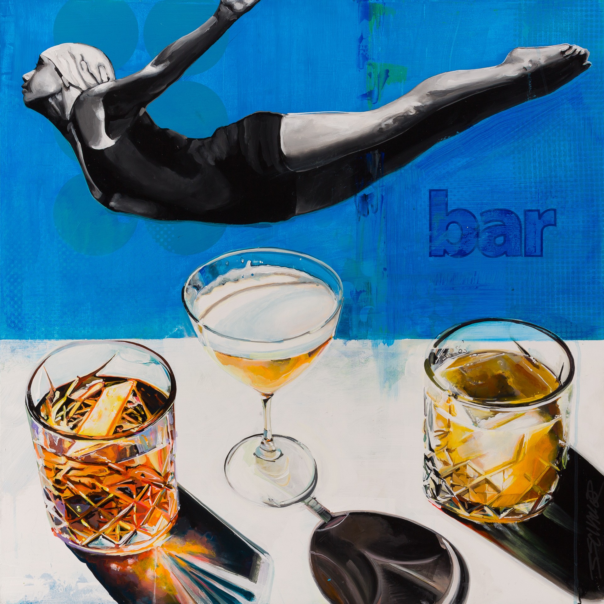 A painting of a woman swimming horizontally above a table with three cocktails, against a blue background with the word 'bar'.