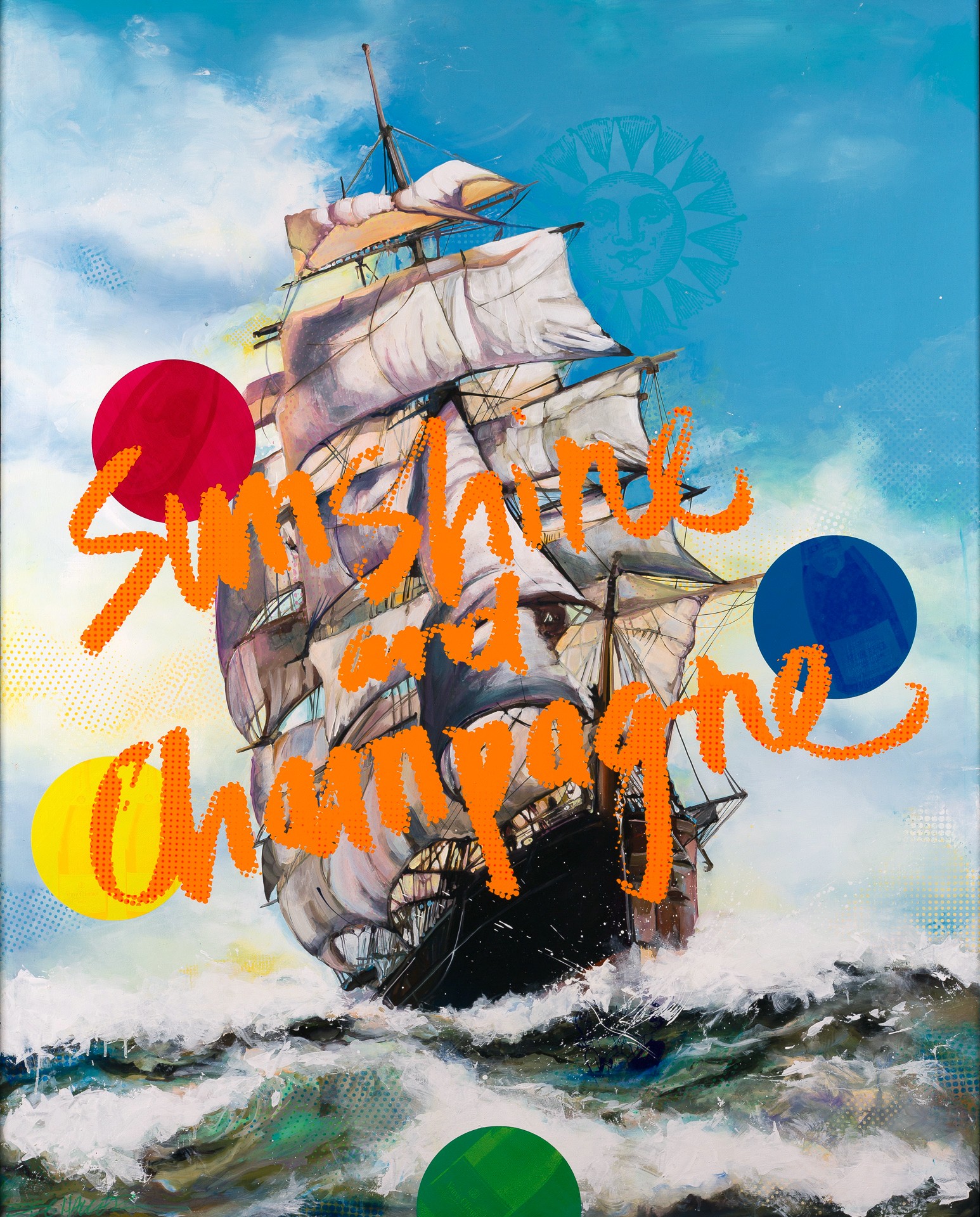 A sailing ship with white sails on the ocean under a blue sky, with colorful circles and orange text overlay.